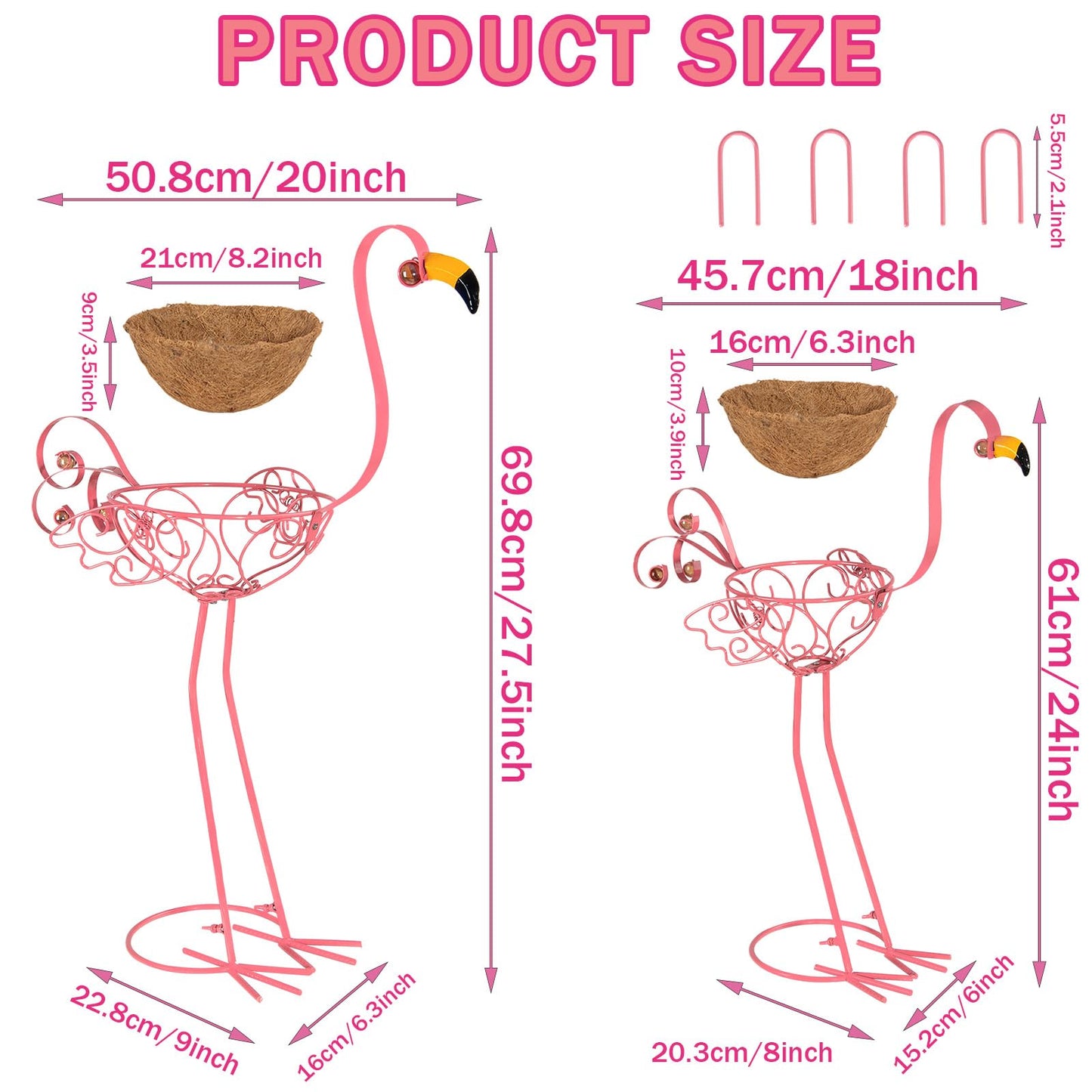 2Pack Metal Flamingo Planters Plant Pots, Pink Flamingo Flower Pots with Basket for Indoor Outdoor Garden Yard Patio Porch Decor (Pink)
