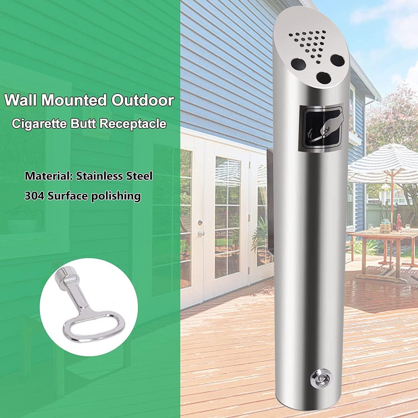 2 Pcs Wall Mounted Trash Can Outdoor Waste Receptacle, Stainless Steel Cylinder Commercial Trash Bin Container for Patios, Restaurants, Bars, Hotels, Offices, Silver
