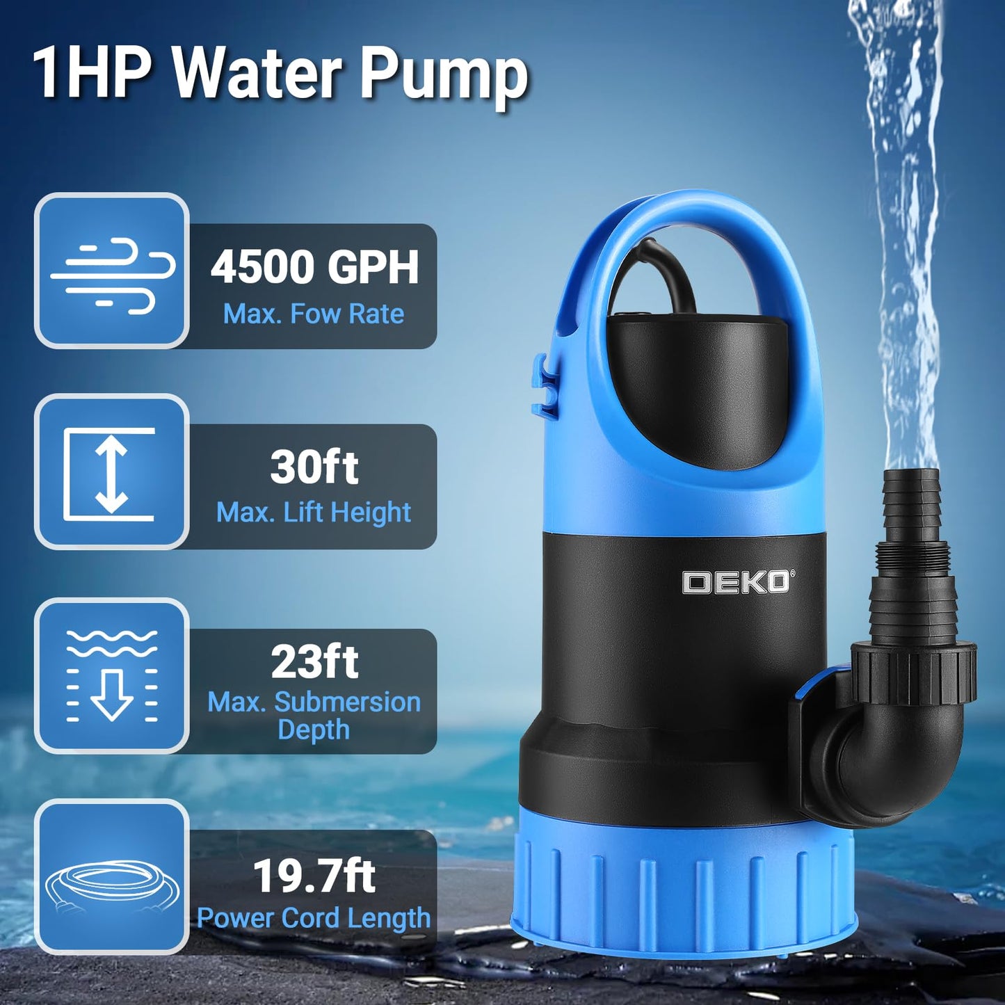 Sump Pump 1 HP Submersible Water Pump Thermoplastic Portable Utility Pump 4500 GPH High Flow Water Removal
