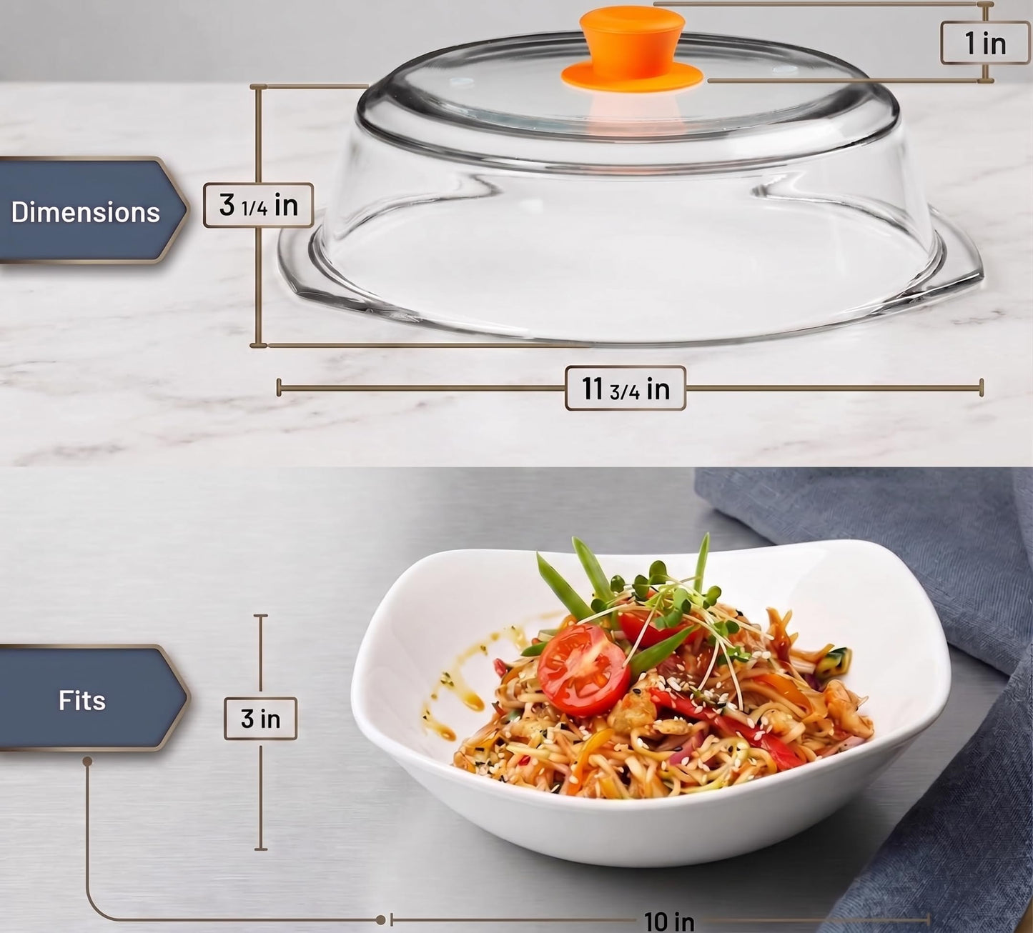 Bezrat Microwave Tall Glass Plate Cover For Food | Splatter Guard Lid with Easy Grip Silicone Handle Knob & Steam Vents | 100% Food Grade | BPA Free and Dishwasher Safe | Plates and Bowls 10 x 3 Inch