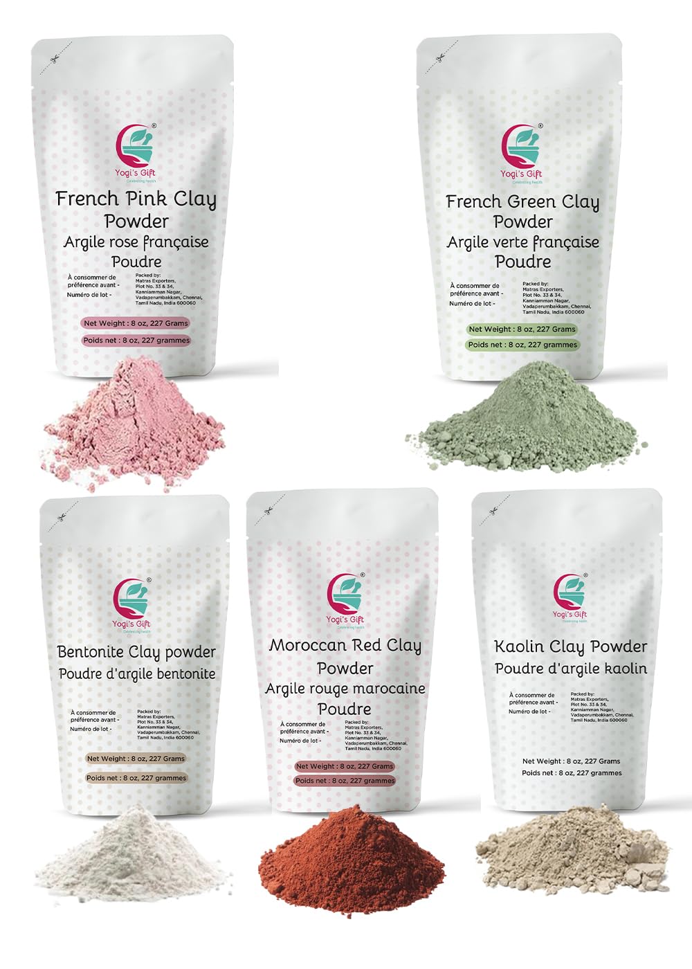 Pack of 5 Clays | Rose Clay, French Green Clay, Kaolin Clay, Moroccan Red Clay and Bentonite Clay | 8oz Each | Best Variety Pack For DIY Projects | By Yogi’s Gift®