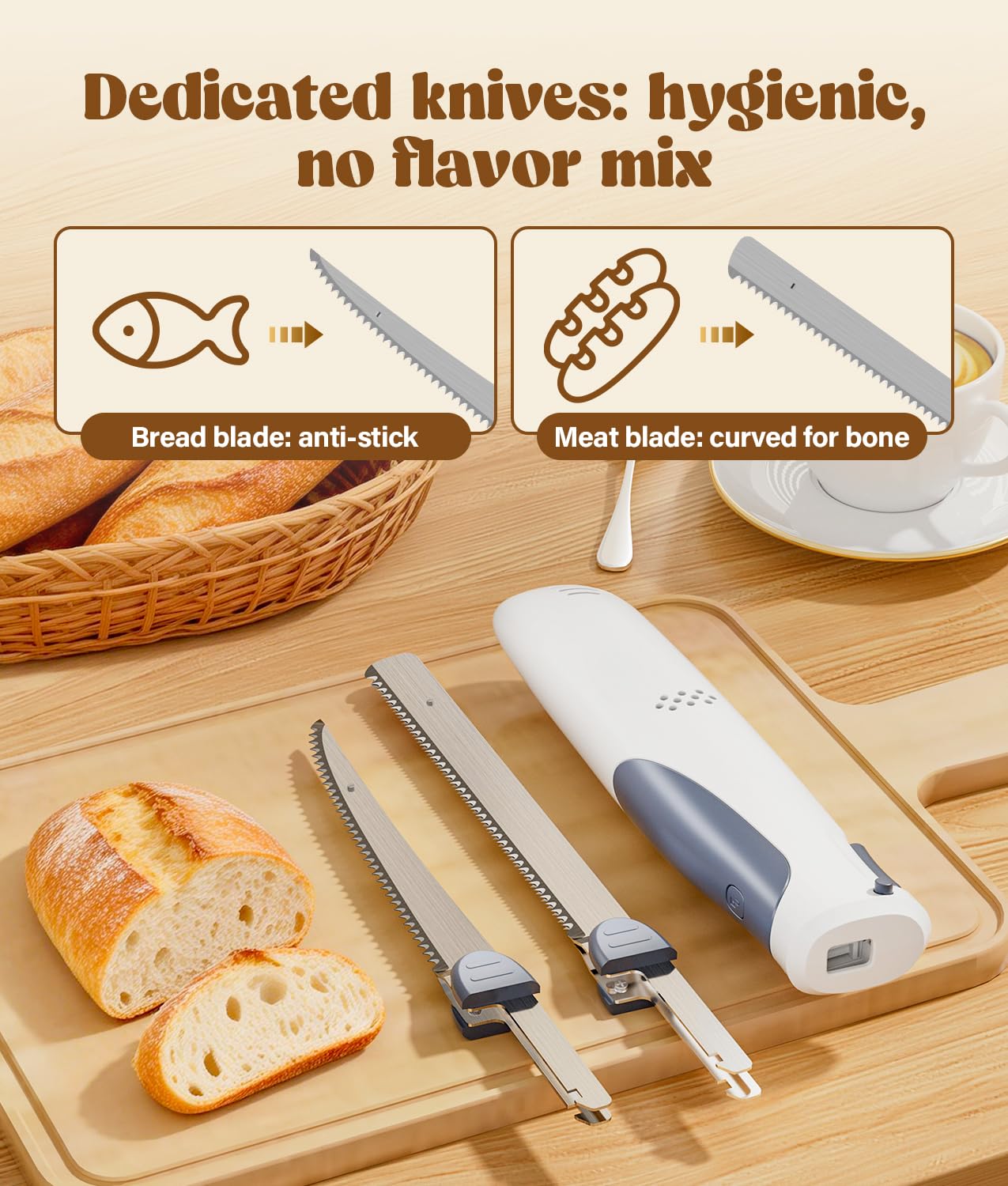HK Cordless Electric Knife for Meat Slicing, 8V Electric Carving Knife for Fish, Bread, Turkey, Rechargeable Meat Cutter with Reciprocating Stainless Steel Blades, Safety Lock