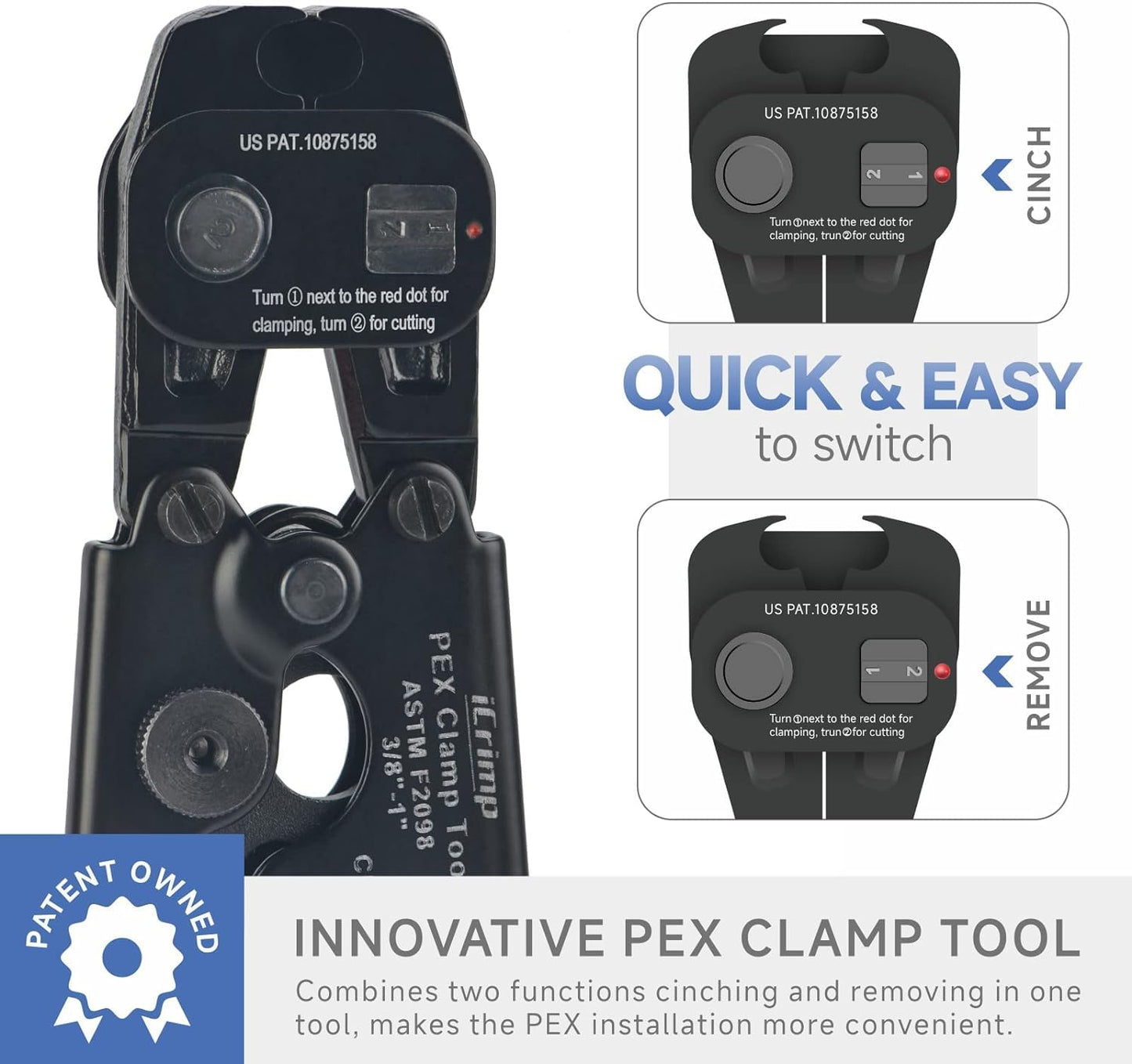 iCrimp Ratchet PEX Cinch Tool with Removing Function for 3/8-in, 1/2-in, 3/4-in, 1-in PEX Stainless Steel Clamp, with 20PCS 1/2-inch and 10PCS 3/4-inch PEX Clamps and Pipe Cutter- All in One