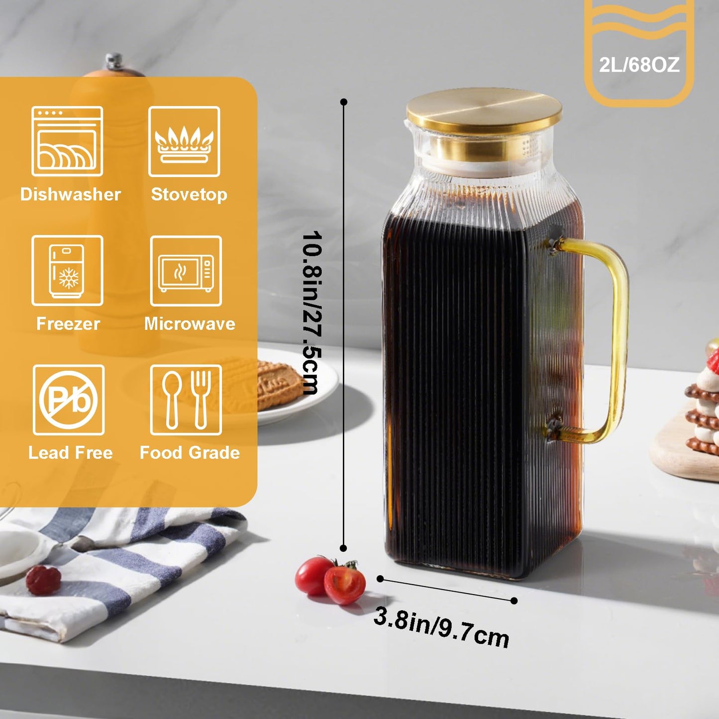2 Pack 2 Liters/68 oz Square Glass Pitcher with Lid and Handle, Water Pitchers with Handle for Fridge, Borosilicate Glass Carafe with vertical stripe design for Hot/Cold Drink.