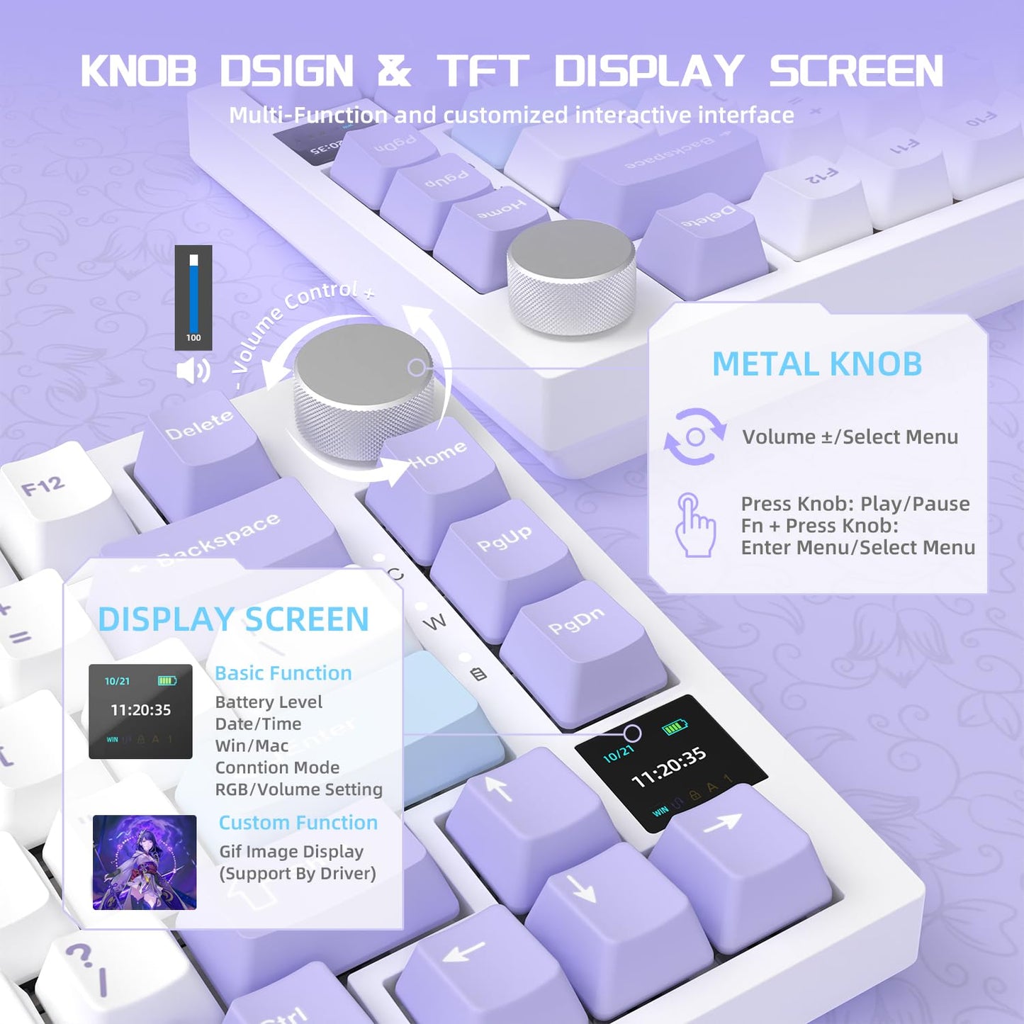 A.JAZZ AK820Pro Gasket Mechanical Gaming Keyboard 75%,TFT Display&Knob,Bluetooth/2.4GHz/USB-C,Hot Swap,5-Layer Sound Absorbing Foams,RGB Backlit,4000mAH Battery for Mac/Win,Flying Fish Switch-Purple