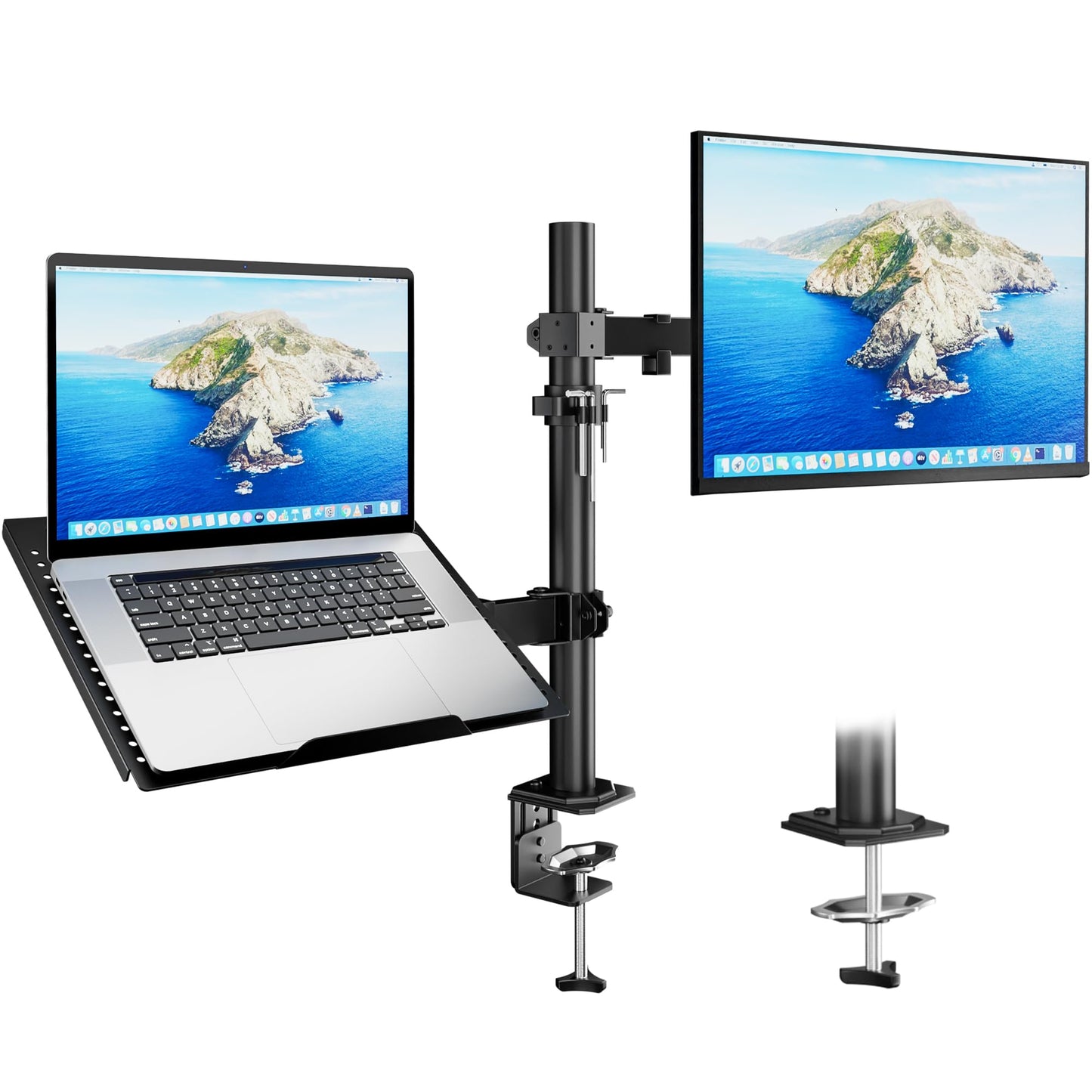 Redbat Monitor and Laptop Mount Stand, Fully Adjustable Monitor Arm with Vented Tray for 13" to 32" LCD Screens and Notebook up to 16", Holds up to 22lbs, VESA Compatible, Dual Mounting Options