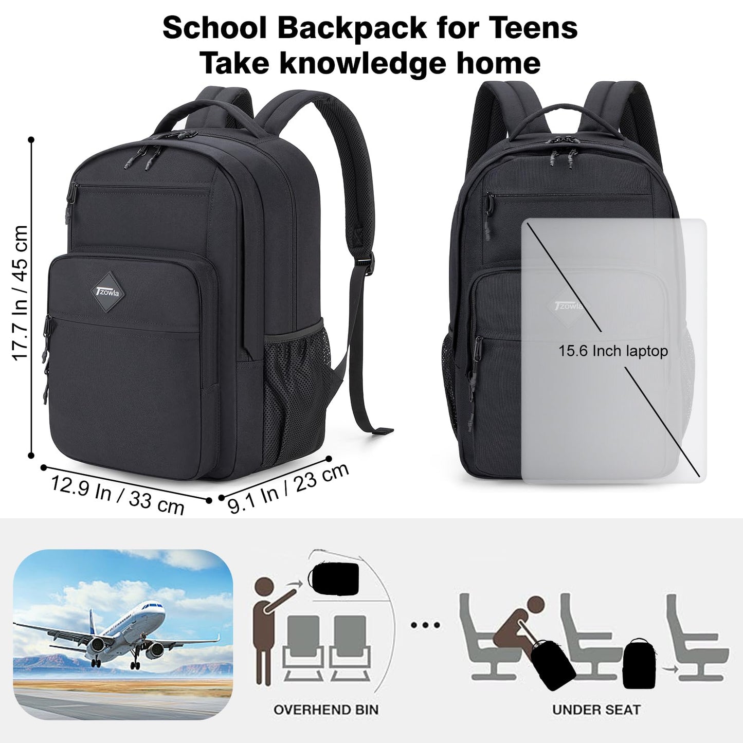 Tzowla School Backpack for Teen Girs and Boys,15.6 Inch Laptop Bookbag for 14-18 Teenage,Lightweight Students Backpacks for College/Campus/High Shool,Water Resistant Casual Daypack(Grey)
