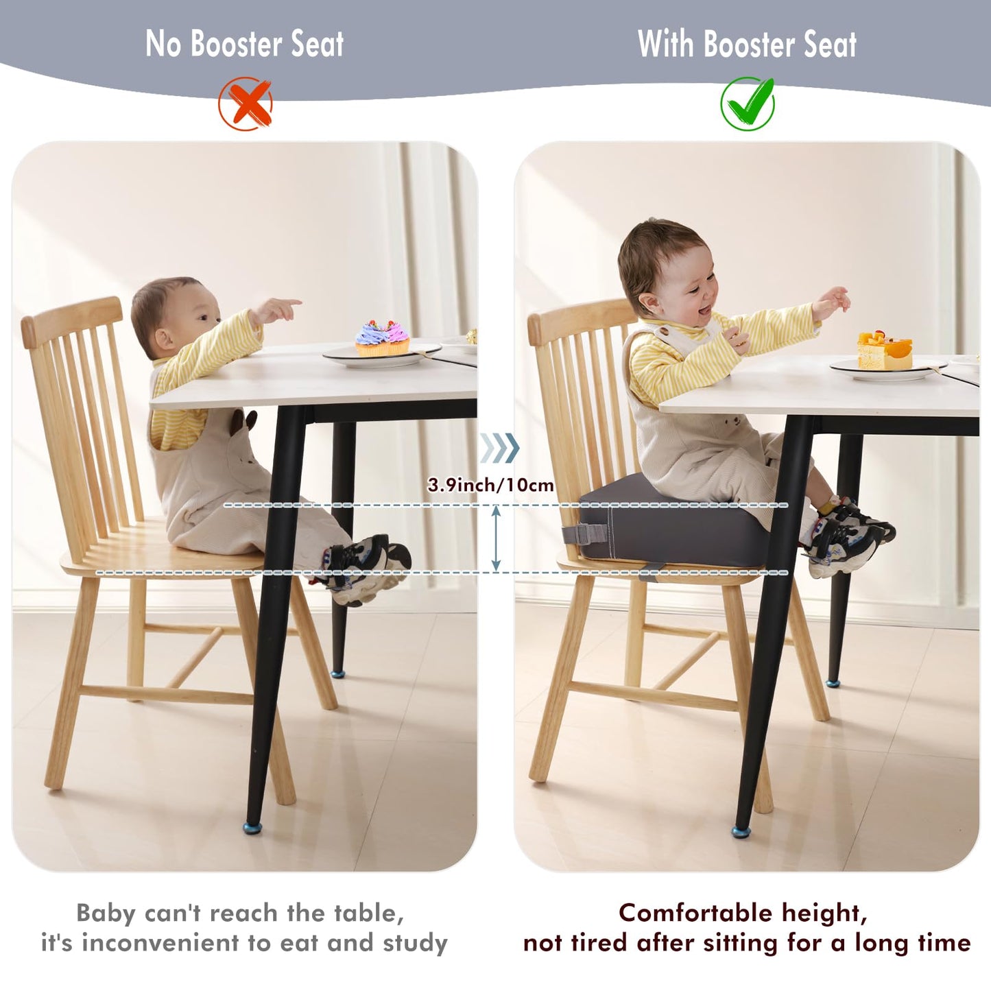 Toddler Booster Seat for Dining Table, Non-Slip Kitchen Chair Booster Cushion, PU Washable Double Safe Straps Baby Booster Seat, Portable Travel Camping Increasing Cushion