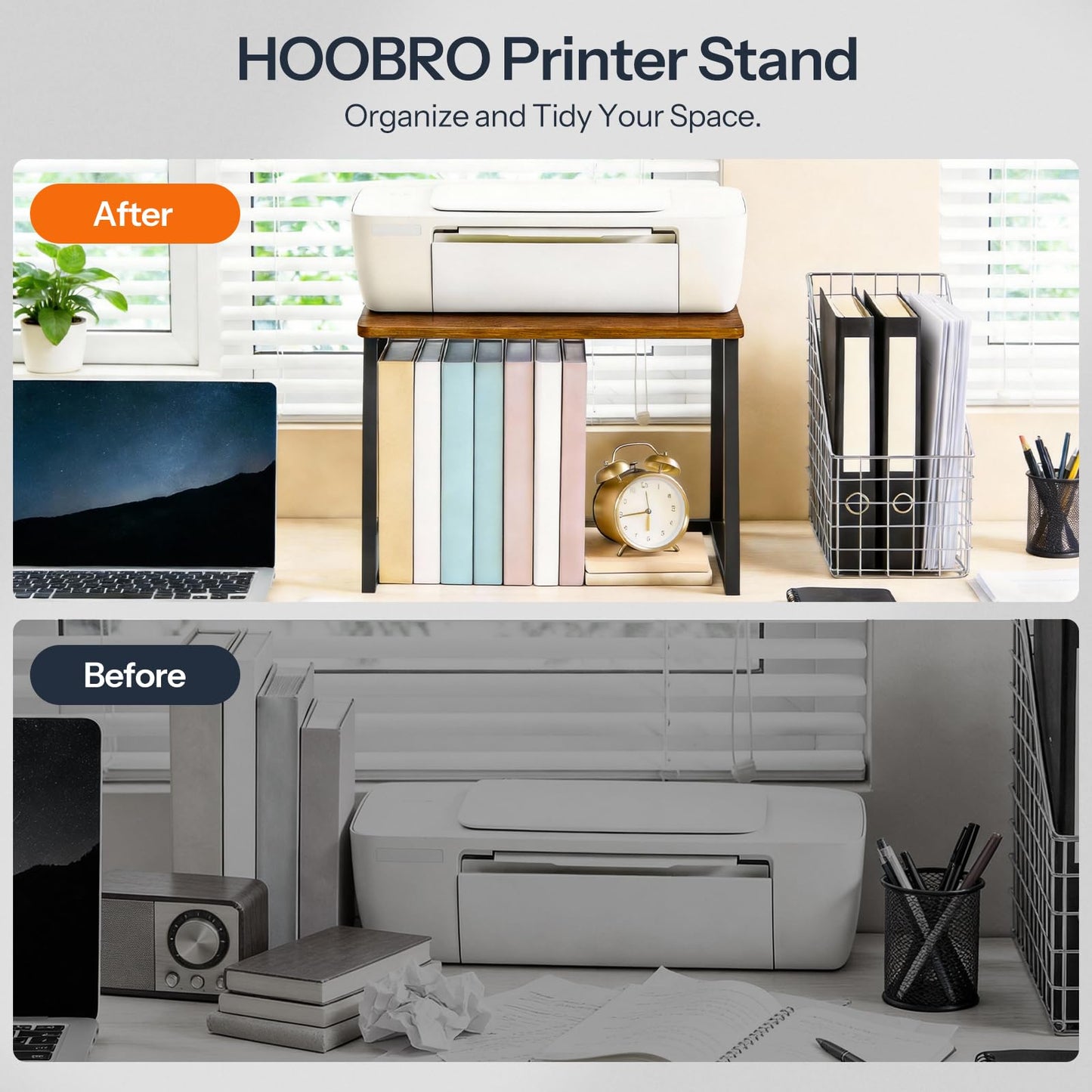 HOOBRO Printer Stand with Storage for Desk, 2-Tier Desktop Printer Shelf, Desk Organizer for Office, Kitchen, Living Room, Black BB16PS01