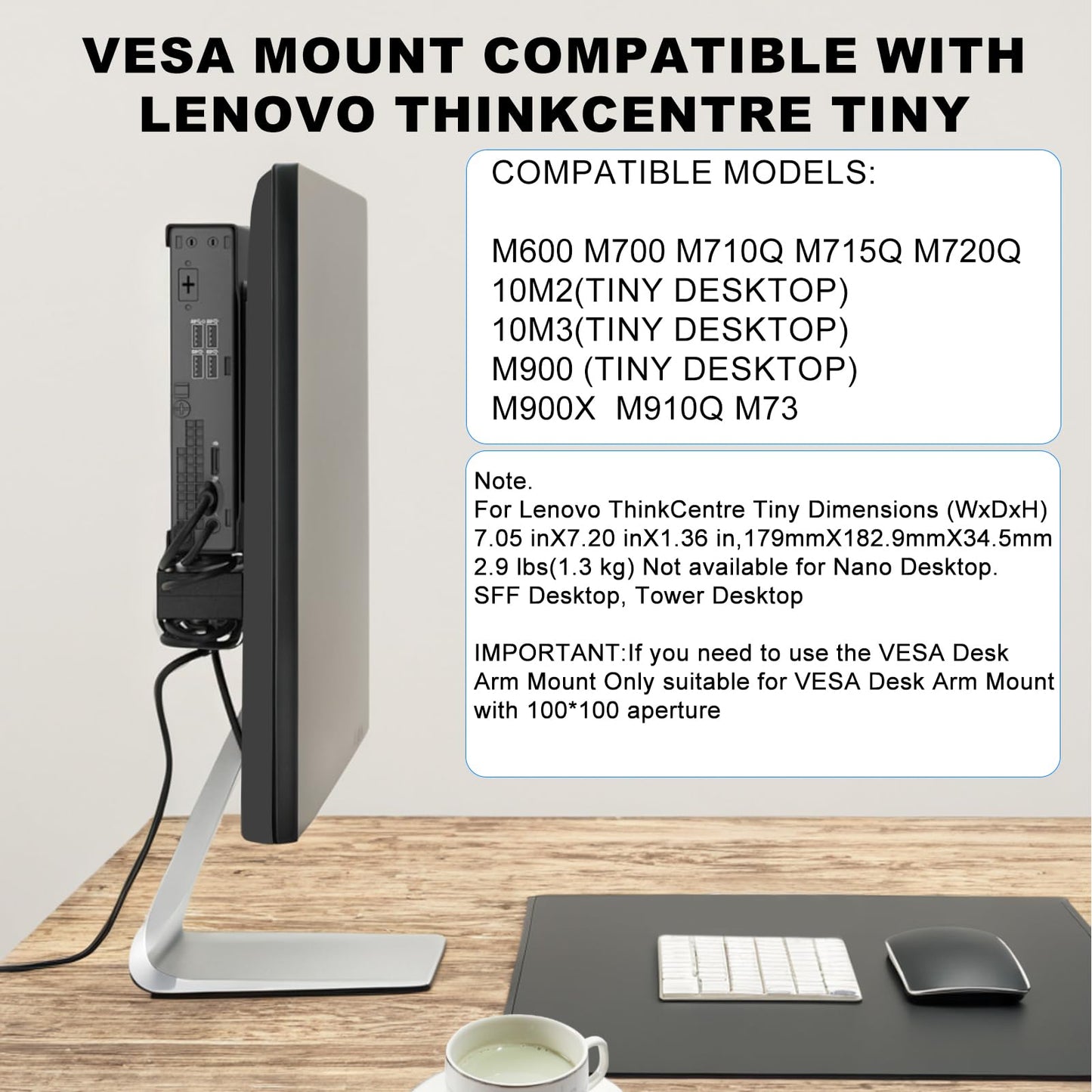 2 Pack Mini PC VESA Mount Compatible with Lenovo Thinkcentre Tiny M90q Gen2, M80q Gen3, M90q Gen3, M90q Gen2, M70q Gen2, M60e, M75q Gen2, Under Desk and Wall Mount,75x75mm or 100x100mm Monitor Arm