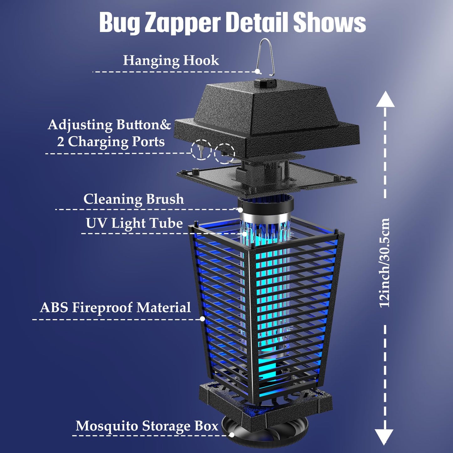 PALONE Bug Zapper with 4500V, USB-C and Solar Panel Dual Charging, Waterproof Bug Zapper with 7.5W Solar Charging Panel, Suitable for Camping Outdoor