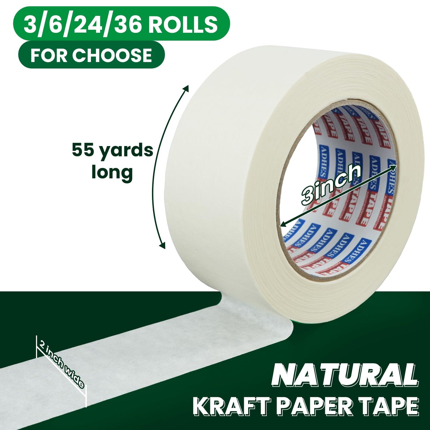 ADHES White Kraft Paper Tape, 2 Inch x 55 Yards, 6 Rolls Writable & Uncoated Heavy Duty Paper Tape, Eco-Friendly Biodegradable Packing Tape for Sealing, Packaging, Moving & Masking