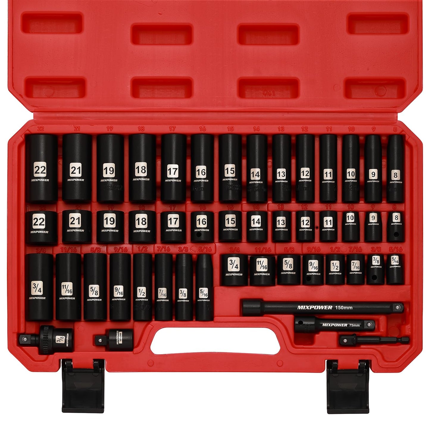 MIXPOWER 3/8" Drive Deep Impact Socket Set, 6 Point, 48 Piece Standard SAE and Metric Sizes, 5/16-Inch to 3/4-Inch and 8-22 mm, Cr-V Steel Mechanic Socket Set
