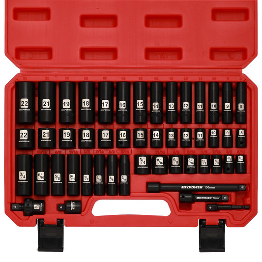 MIXPOWER 3/8" Drive Deep Impact Socket Set, 6 Point, 48 Piece Standard SAE and Metric Sizes, 5/16-Inch to 3/4-Inch and 8-22 mm, Cr-V Steel Mechanic Socket Set