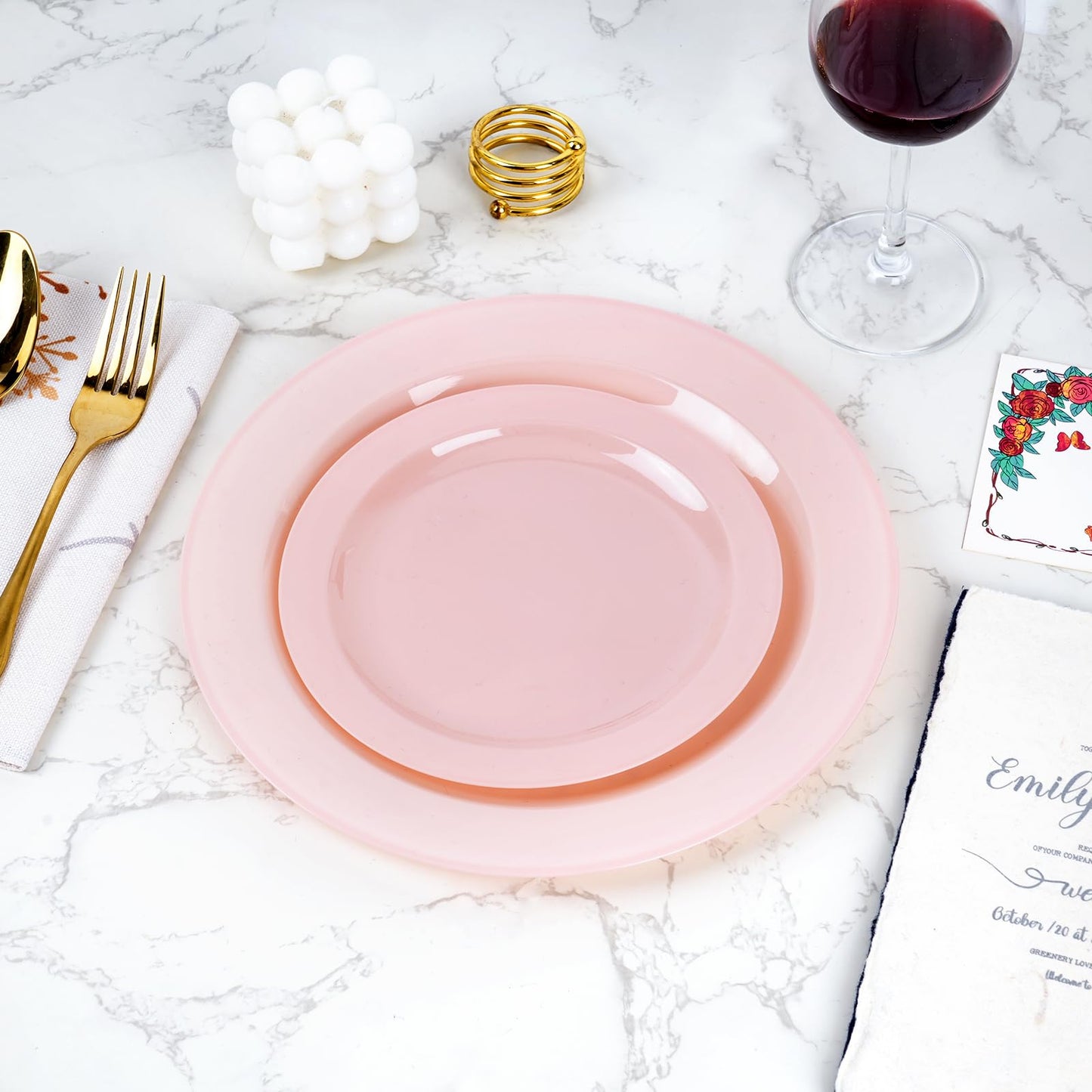 Moretoes 100PCS Pink Plastic Plates Disposable 10inch Dinner Plates and 7inch Dessert Salad Plates Heavy Duty Plates for Wedding Party and Birthday
