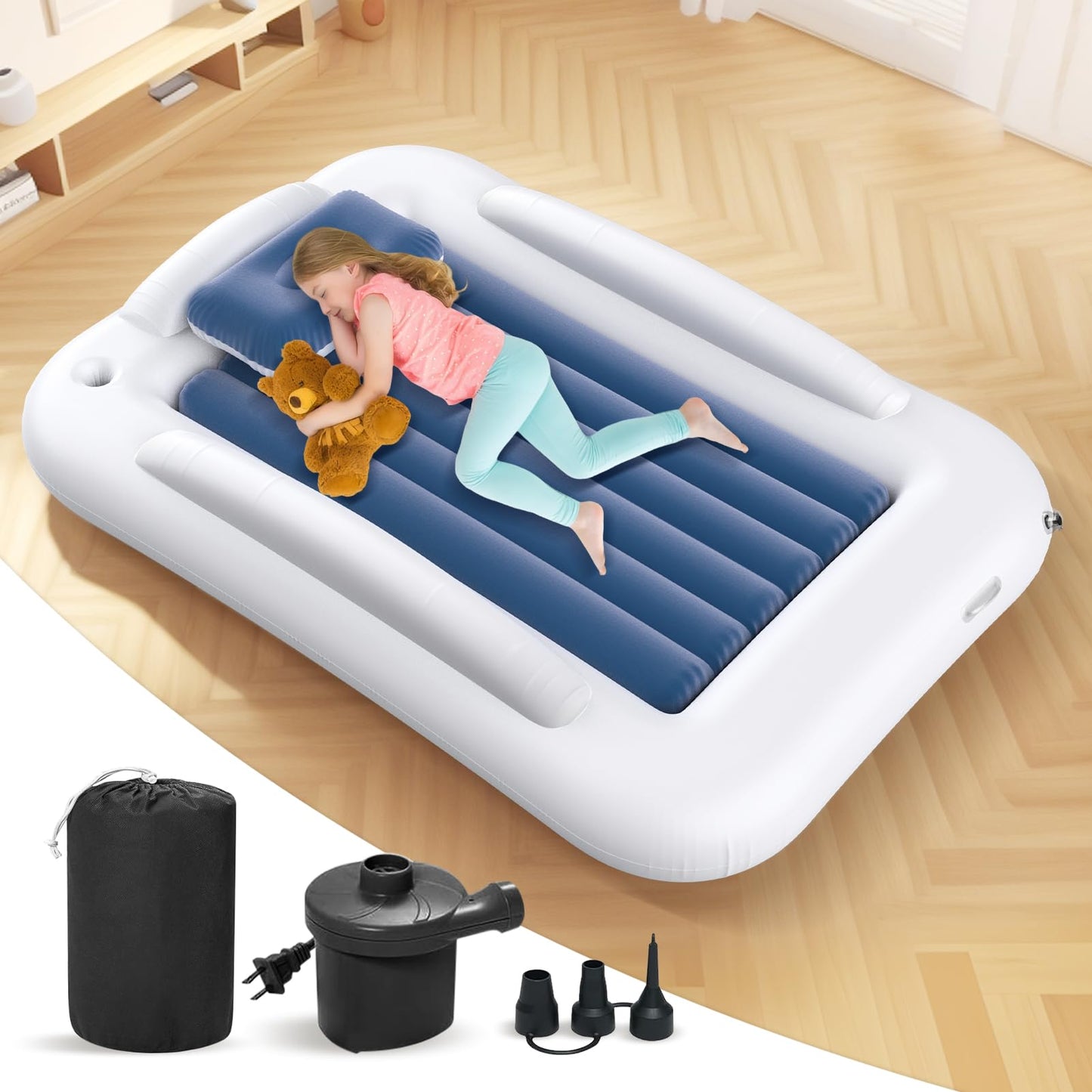 Deeteck Inflatable Toddler Travel Bed - 60 Inches Portable Toddler Bed for Travel with Safety Sides - Cozy Kids Air Mattress Set with High-Speed Pump & Carry Case - Lightweight & Easy to Inflate -Blue