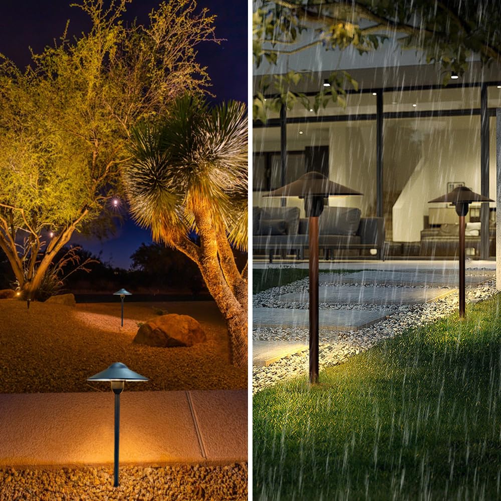 Muguski Low Voltage Pathway Lights,Cast Aluminum Landscape Lighting Path Light Garden Driveway Walkway Lighting 12-24V Replaceable G4 LED Bulb Wire Connectors Included 2-Pack Black Finish Round Hat