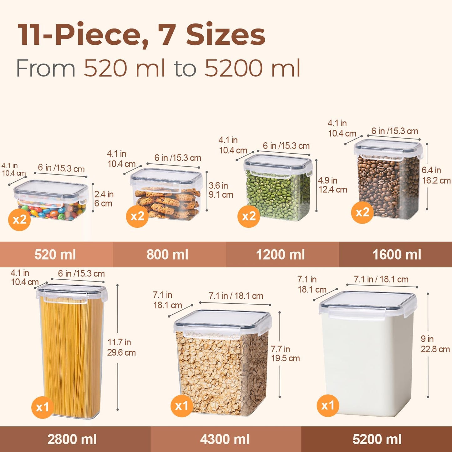 ComSaf 11 Pcs Large Pantry Storage Containers (Up to 5.2L/4.3L), Airtight Food Grade Plastic Kitchen Organizers with Lids & Labels for Flour, Cereal, Pasta, Sugar, Stackable