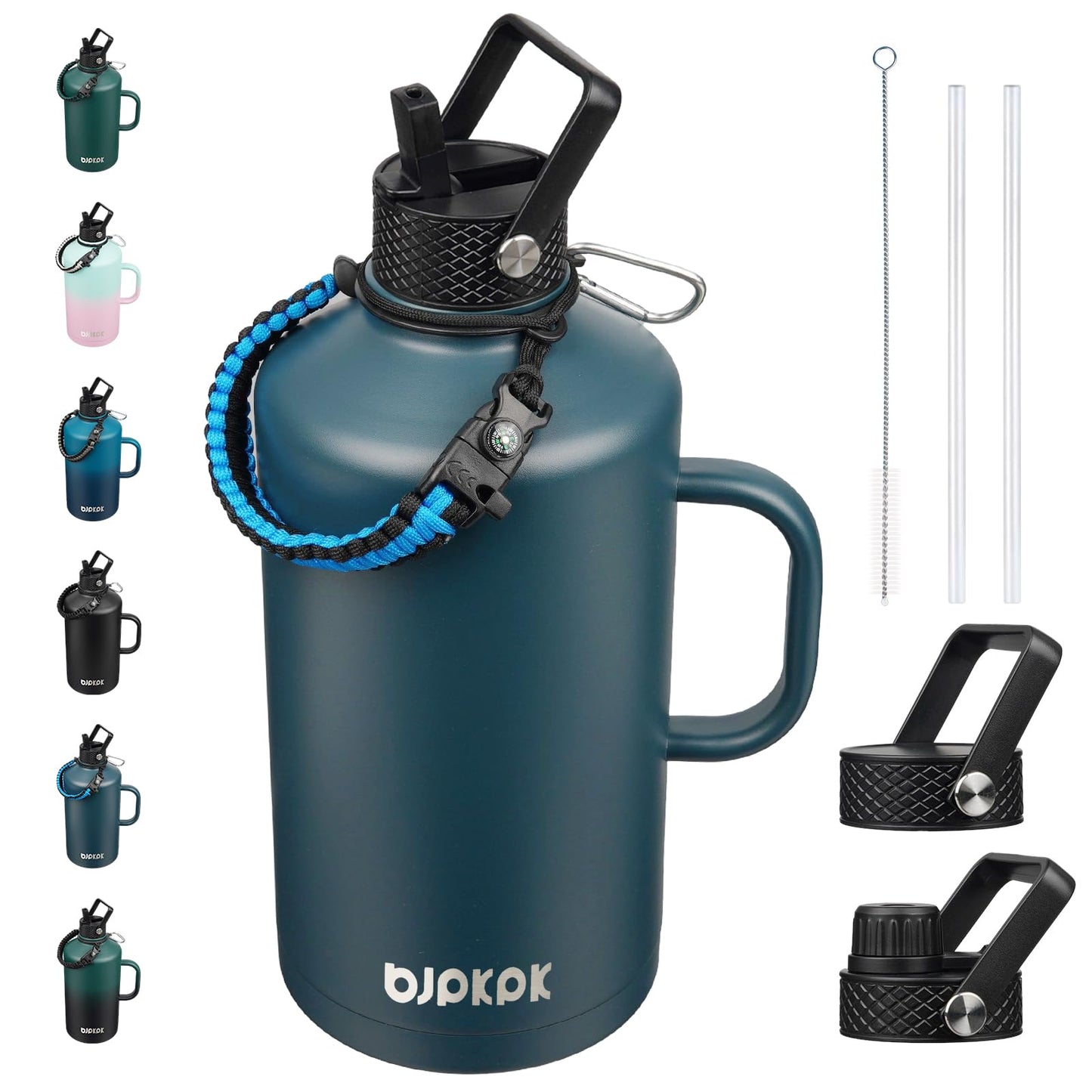 BJPKPK 1 Gallon Water Bottle Insulated with Straw Lid, 50oz, 64oz, 87oz, 128oz Large, Stainless Steel Water Bottles with 3 Lids and Paracord Strap, Double Wall Vacuum Metal Water Jug,Navy Blue