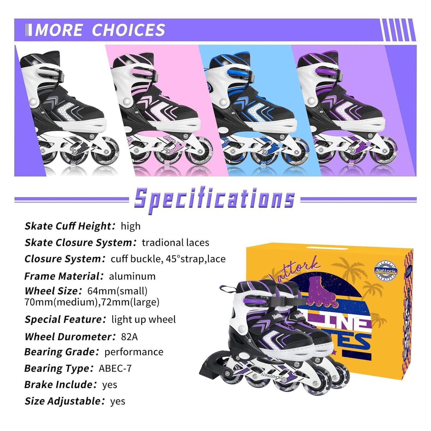 Adjustable Inline Skates for Girls, Girls Blades Roller Skates with All Light up Wheels for Big Kids, Purple, Size 1 2 3 4