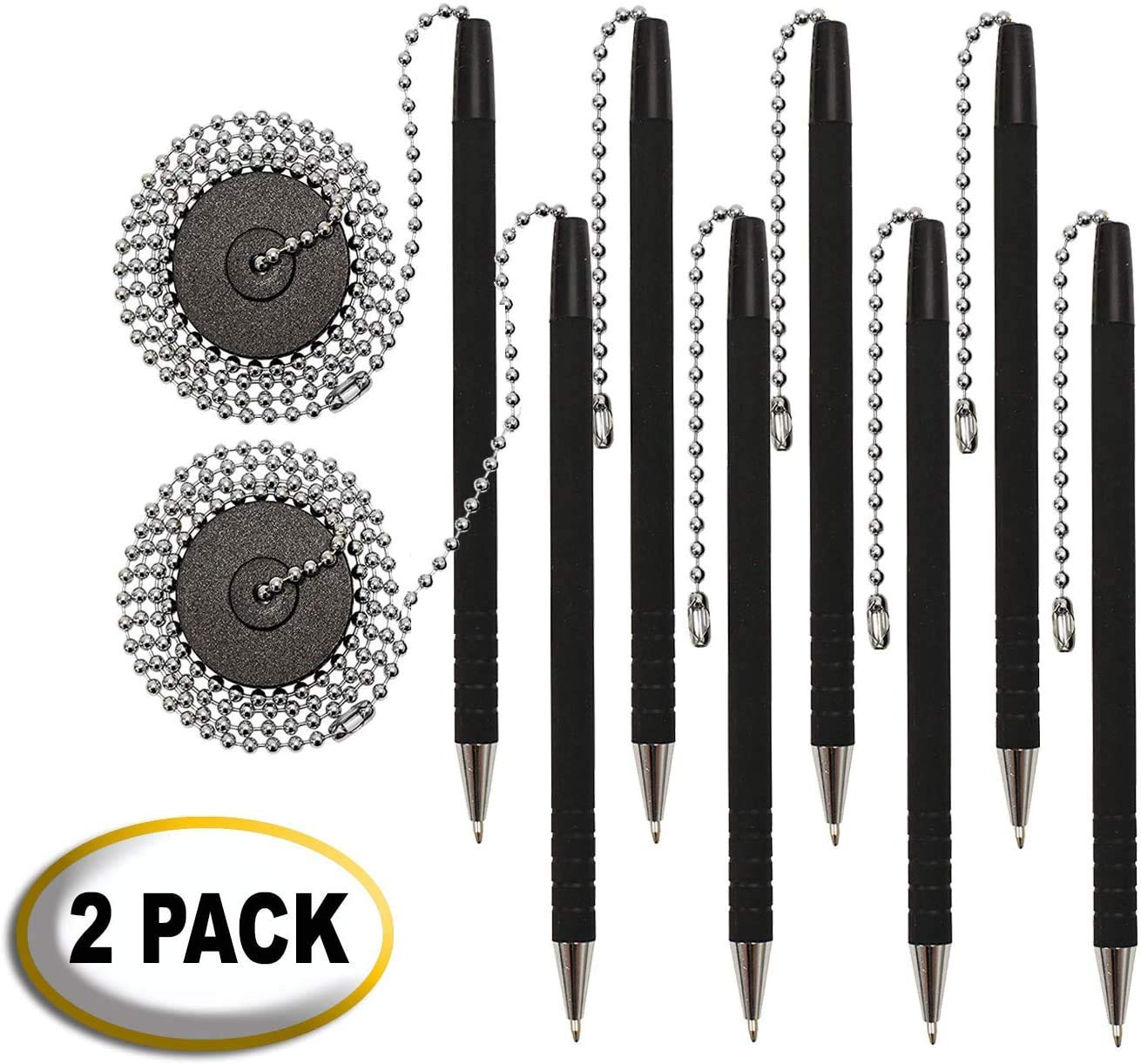 Office Werks 2 Pack of Secure Pens, Reception Counter Pen with 26" Chain Adhesive Holder, Includes 4 Black Ink Pens with Chain Attached Per Pack, (8 Pens Total) Easily Refillable Pens with Rubber Grip