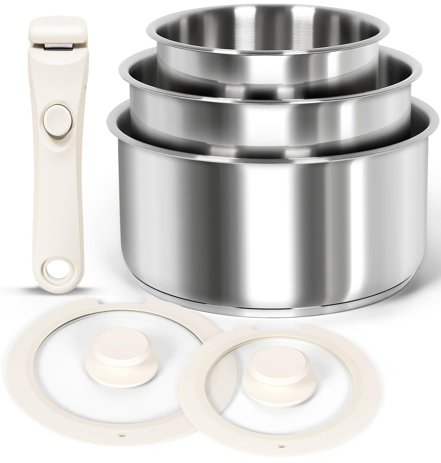 MICHELANGELO 6pcs Stainless Steel Pot Set with Removable Handle, Triply Base Stainless Steel Saucepan with Lids, Detachable Handle Saucepan Set, Induction Compatible - White