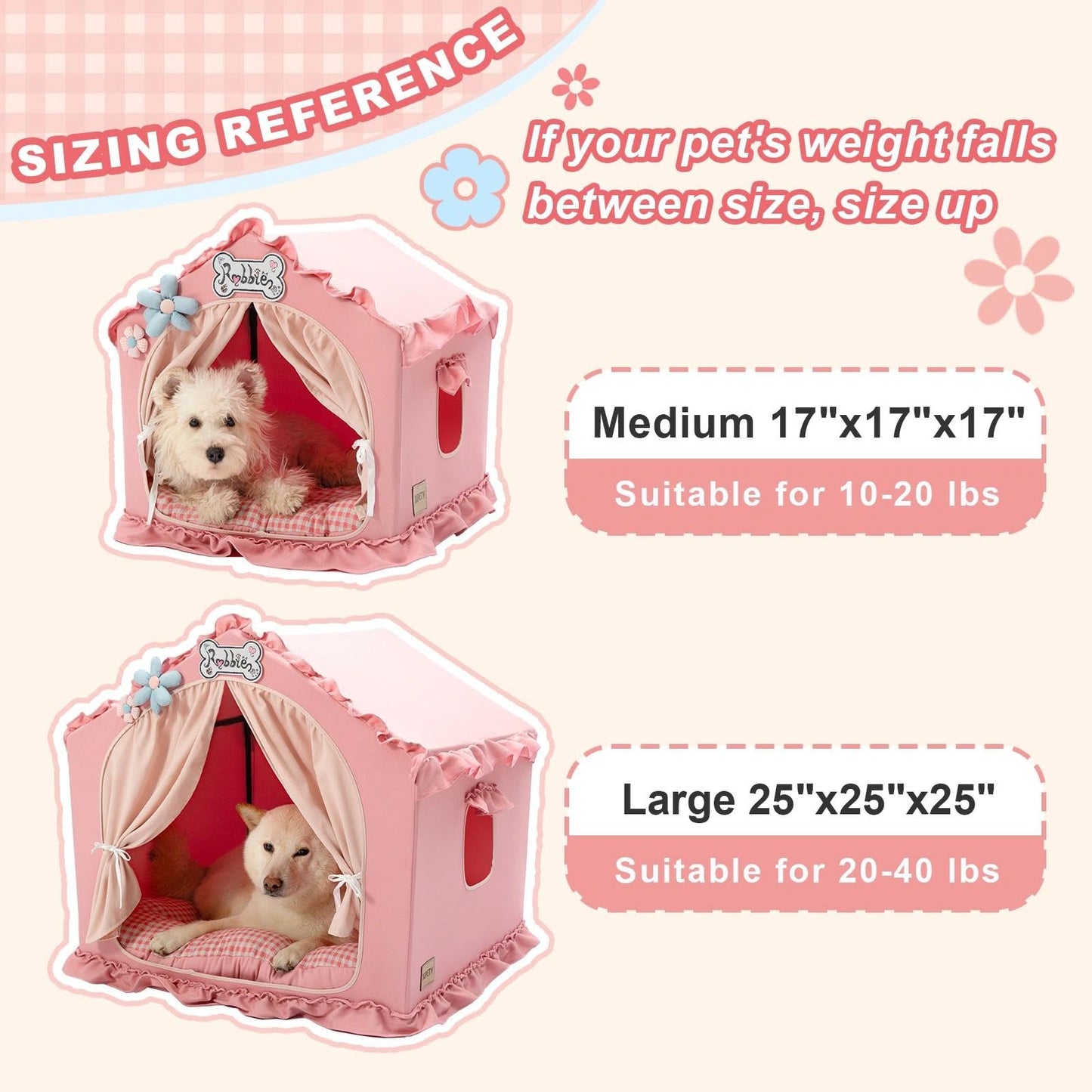 Jiupety Indoor Dog House with Frame, Cute Dog Tent Bed with Cover Cave, Breathable, Washable, and Foldable House, Suitable for 20-40 Lb, Large (25"×25"×25"), Pink