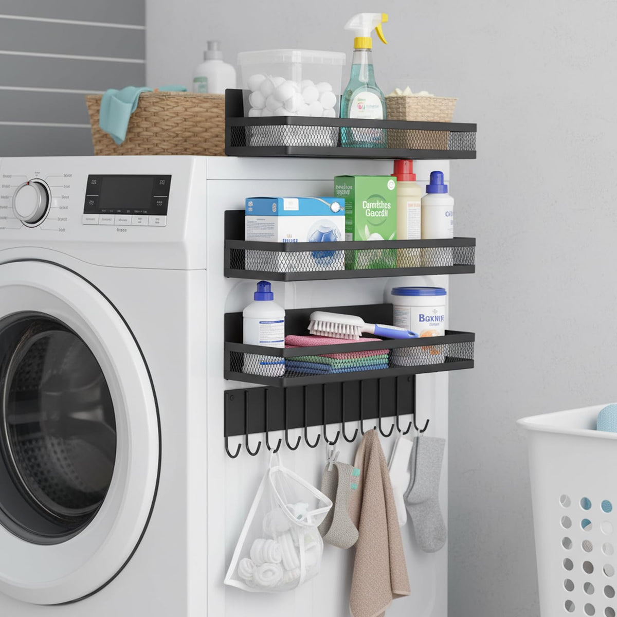 Dewsea Magnetic Shelves for Washing Machine 5 Pack, Multipurpose Metal Storage Baskets with Space-Saving Design, Magnetic Spice Rack & Laundry Organizer for Kitchen, Bathroom & Laundry Room (Black)