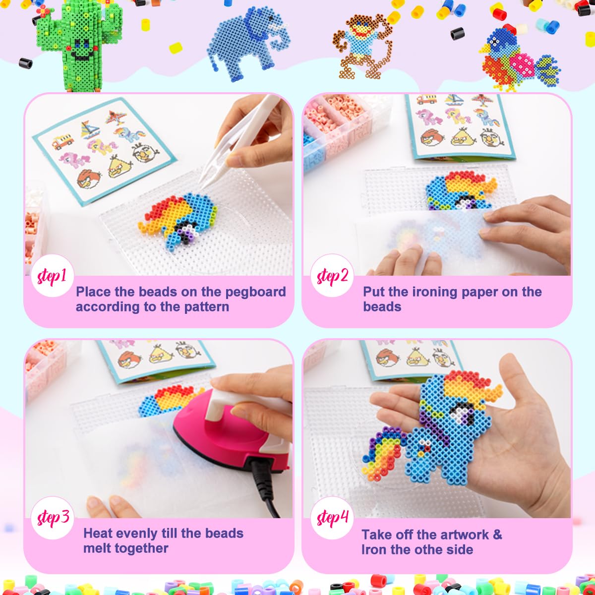 Fuse Beads Kit - 36 Colors 11,000 Melty Beads DIY Art Craft Set for Kids with 5 Pegboards, Ironing Paper, Chain Accessories, Birthday Toys for Boys Girls