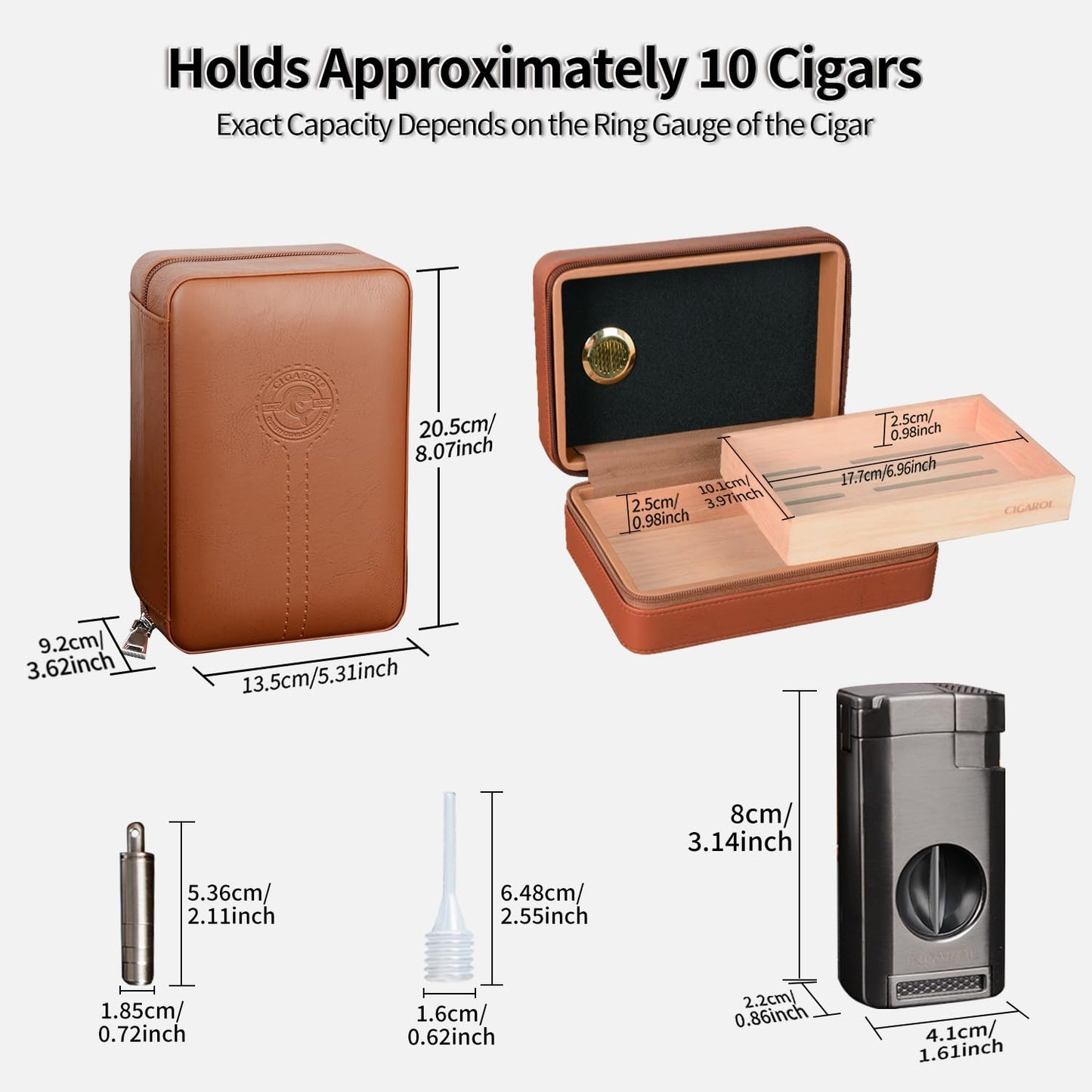 10-Finger Cigar Travel Humidor Cigar Case with Triple Flame Cigar Lighter, Leather Cigar Box with Round Humidifier, Cigar Punch and Dropper, Cedar Wood Humidor Cigar Box Gift Box Storage Box