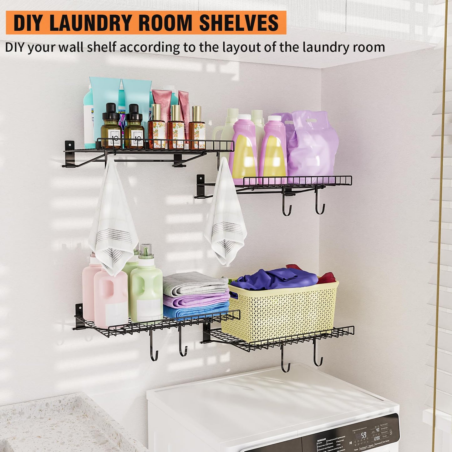 Foldable Wall Shelf, 4 Pack Wall Mounted Garage Storage Shelves, Heavy Duty Metal Floating Shelves with 8 Hooks, 180 LBS Capacity, for Office, Kitchen and Laundry Room
