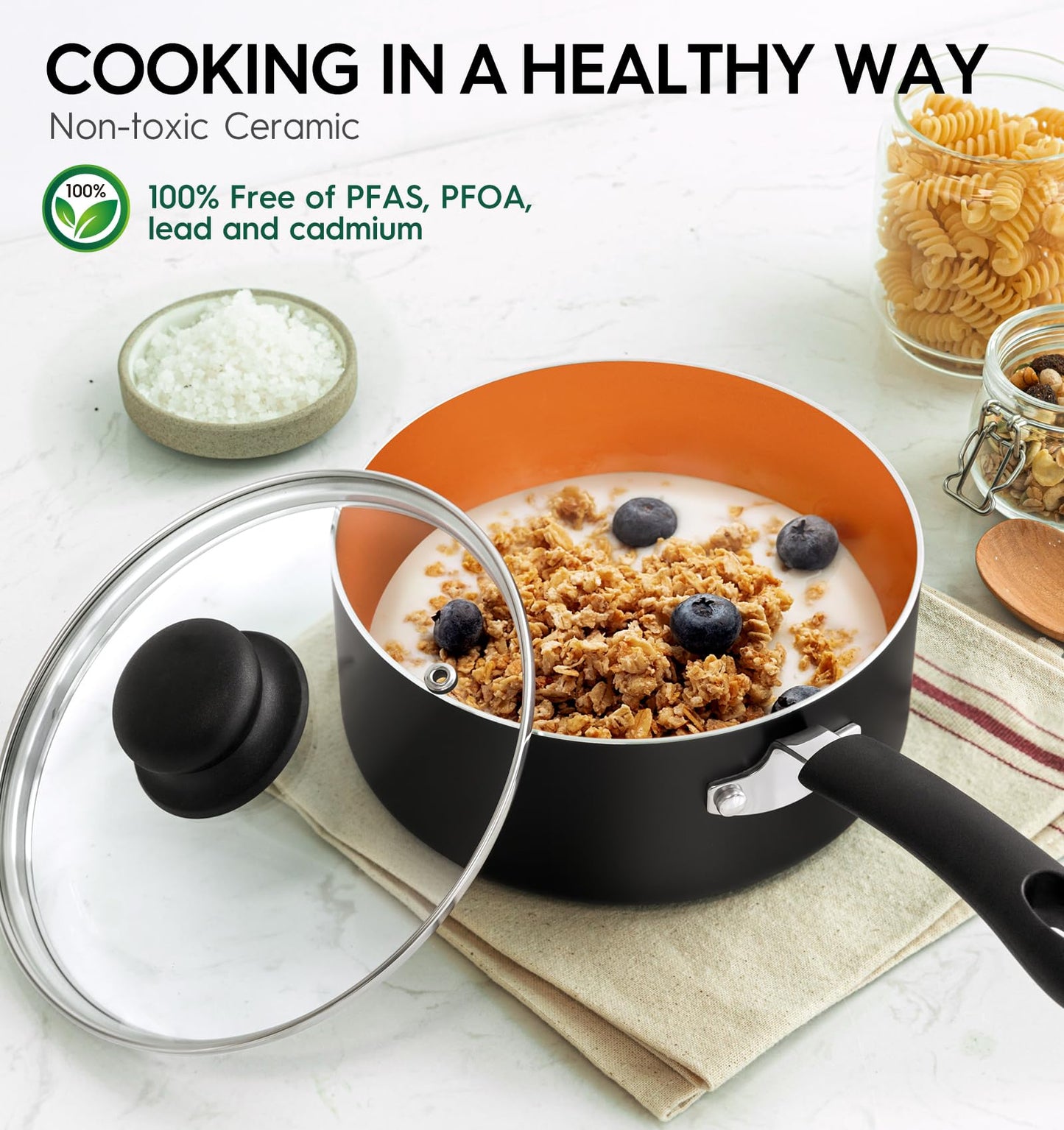 MICHELANGELO Nonstick Sauce Pan Set with Lid, 1QT&2QT&3QT Ceramic Copper Saucepan Set, Non Toxic Sauce Pots for Cooking, Multipurpose Cooking Pots Set, Dishwasher Safe, Induction Compatible
