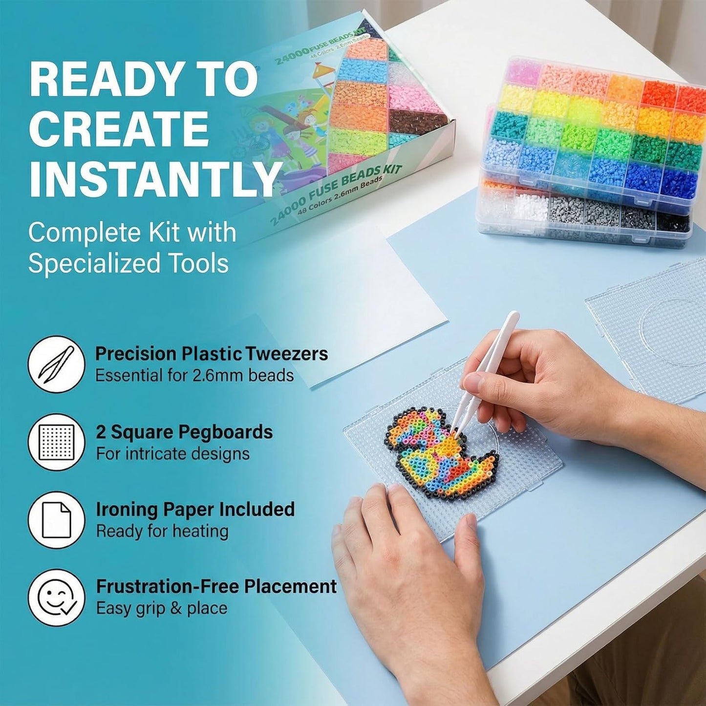 LIHAO 24000PCS Mini Fuse Beads 48 Colors 2.6MM DIY Iron Fuse Beads Decoration Toys Set (2 Pegboards + 2 Tweezers + 2 Ironing Papers)