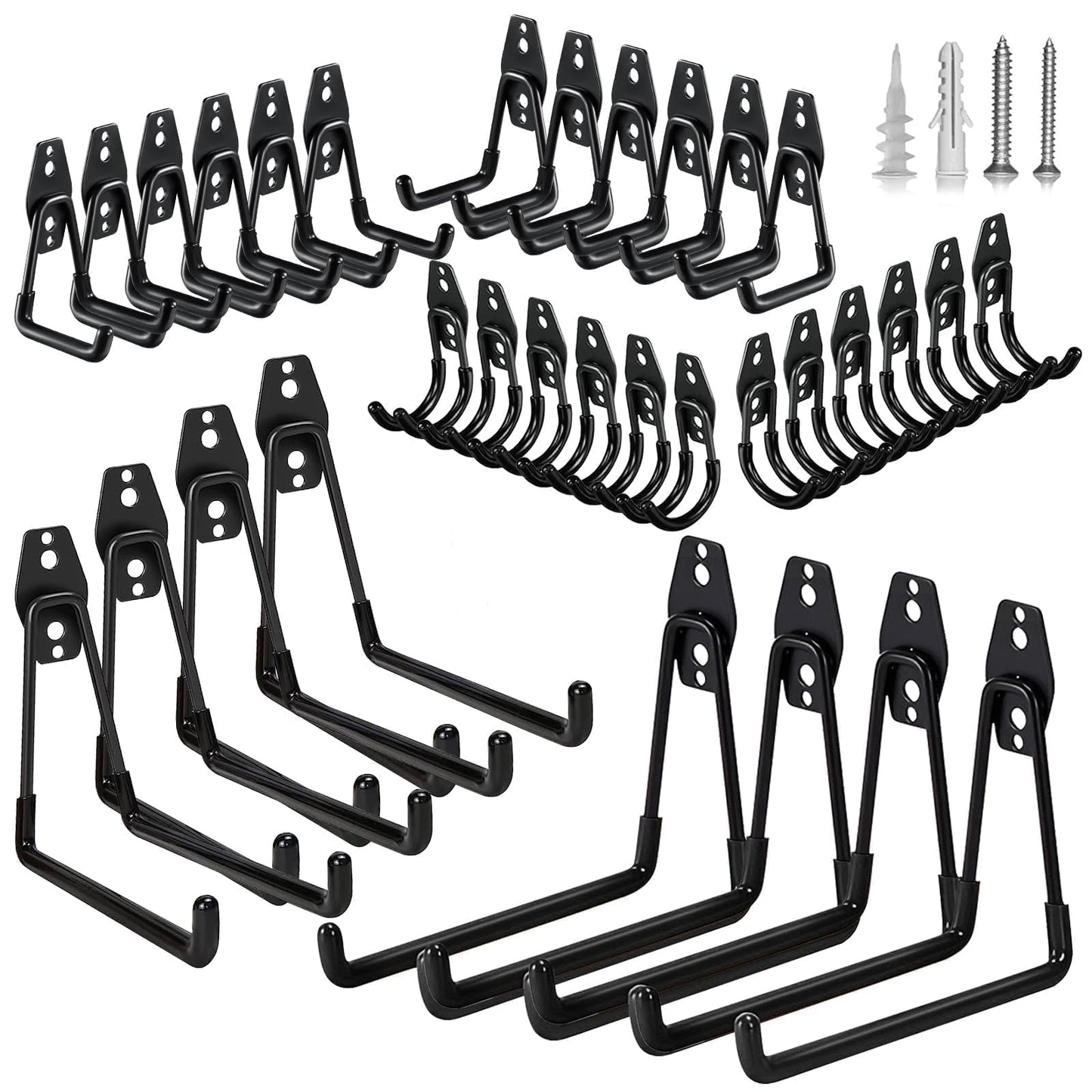 GUDEMAY 32-Pack Garage Hooks Heavy Duty - Utility Steel Tool Hangers for Garage Organization - Wall Mount Storage Organizer with Anti-Slip Coating for Ladders, Bikes and Garden Tools - Black