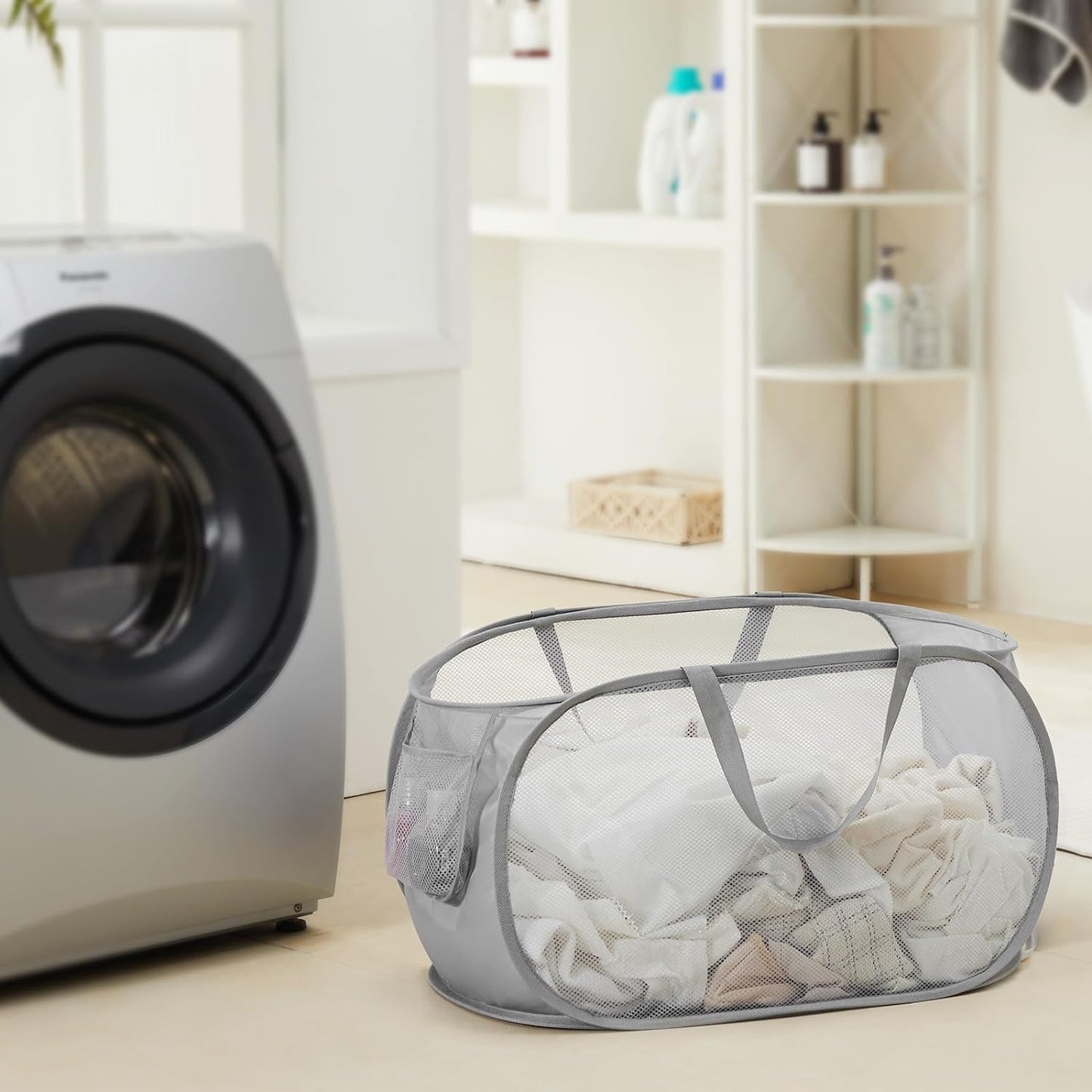 Collapsible Mesh Pop Up Laundry Basket with Durable Handles and Pockets, Portable, Foldable, Deluxe Clothes Hamper for Travel, Laundry Room, Dorm or Bathroom, Space Saving Organizer, Grey, 3 Pack…