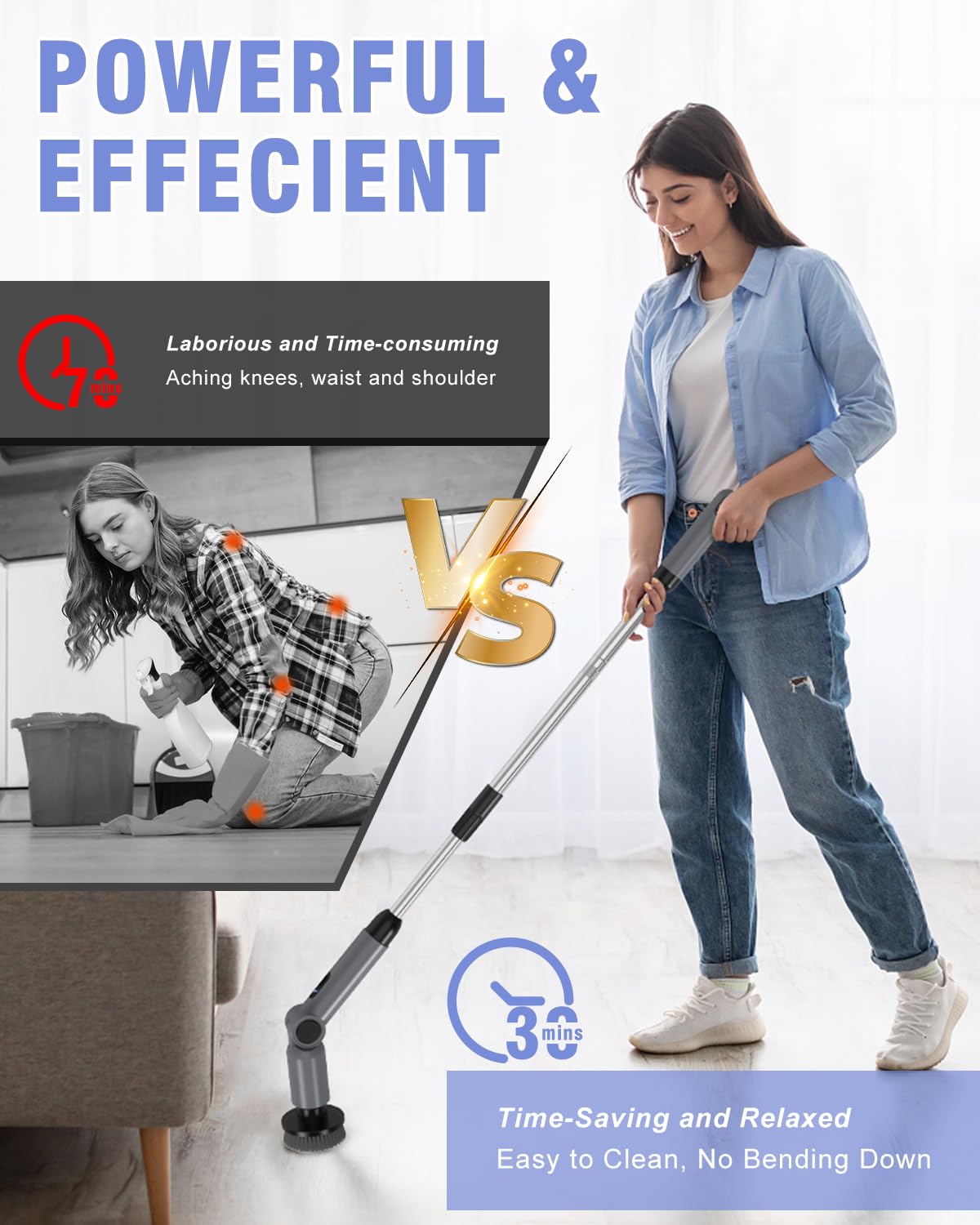 Electric Spin Scrubber, [Adjustable Angle] [Battery Display] Homtronics Cordless Electric Cleaning Brush with 8 Replaceable Brush Heads, 450r/min Speed, 50in Adjustable Long Handle for Bathroom (Grey)