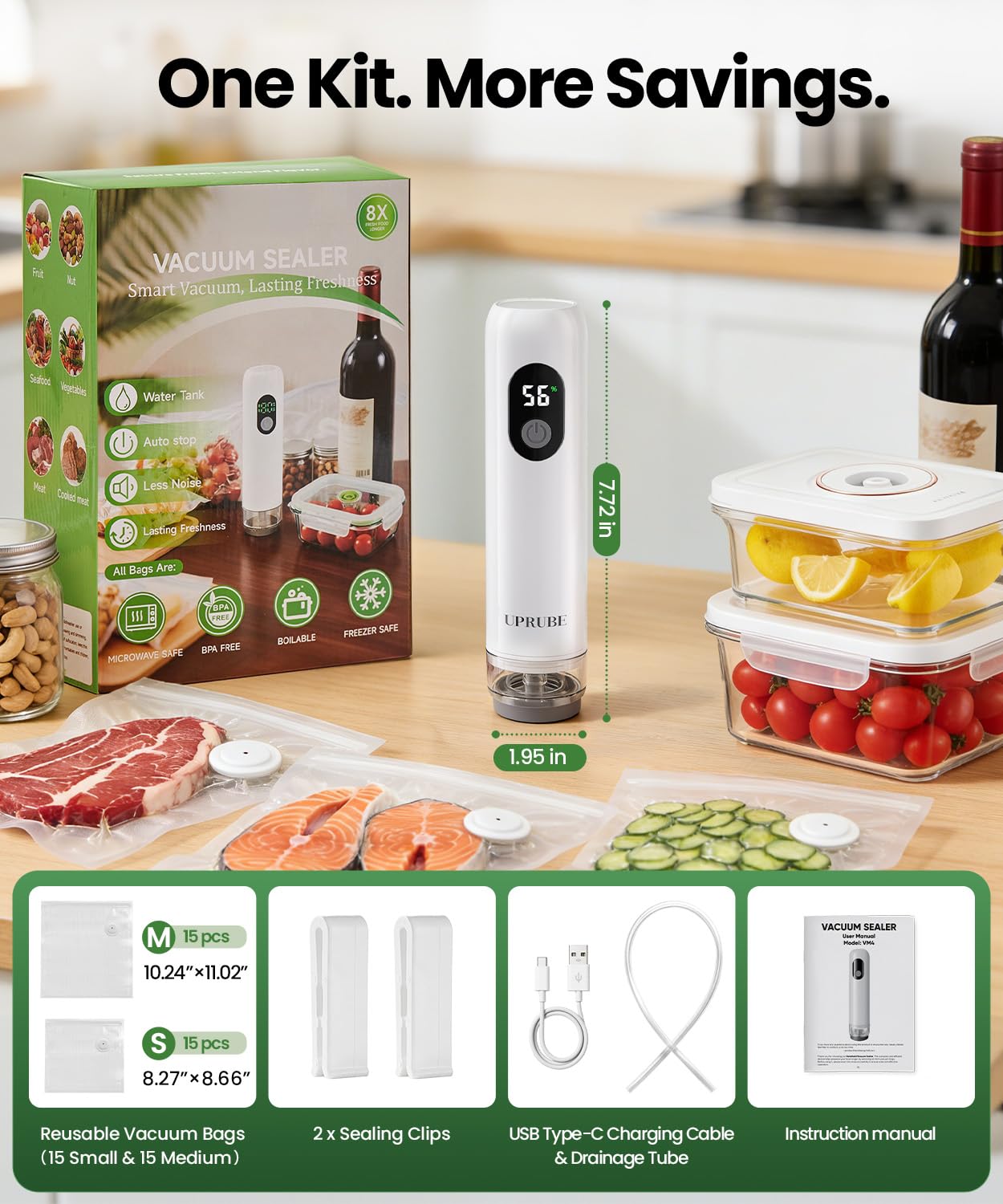 UPRUBE Compact Vacuum Sealer for Food (Vacuum Sealer Machine + 30 Reusable Vacuum Bags), Powerful Handheld Food Vacuum Sealer Machine with LED Display & Liquid Drainage Tube, Portable Food Sealer