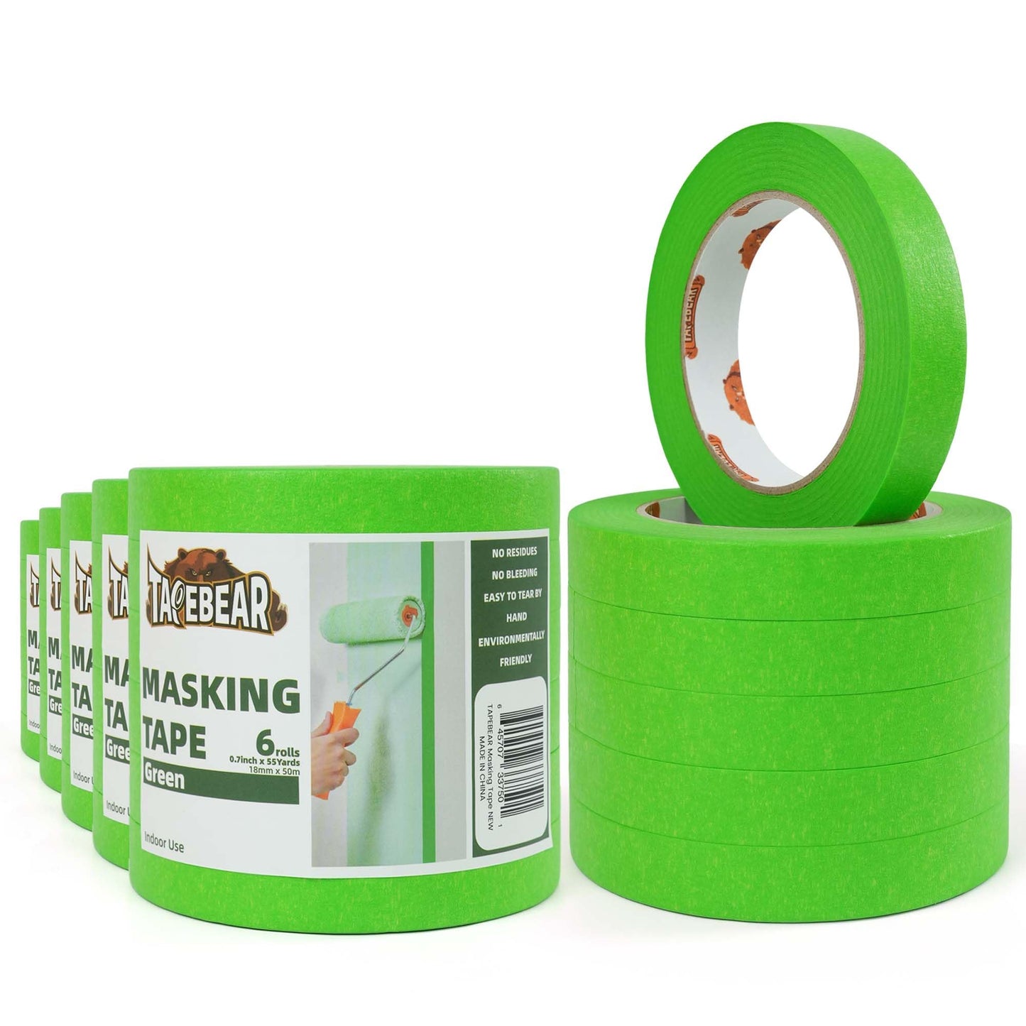 TAPEBEAR 36Rolls Green Masking Tape General Purpose 18mm x 50m, Indoor Painting Tape Residue Free Easy Removal with Sharp Lines, Paper Tape for Labeling, DIY Arts Crafts, Home Office School Projects