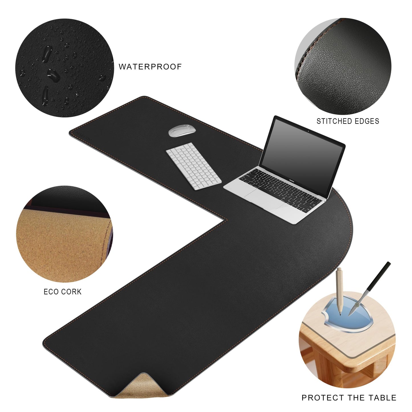 MAIDERN 43.3 Inch L Shaped Corner Desk Mat, Cork & Leather Dual Sided Desk Pad for Gaming Computer Office Home (Black) …