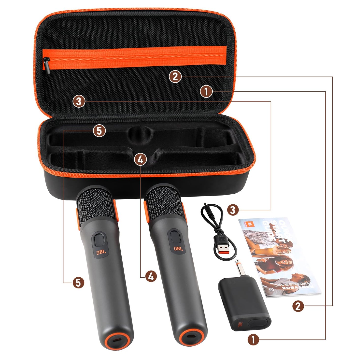 MAILADA Wireless Microphone Case For JBL Wireless Two Microphone System Handheld Dual Mic Travel Bag for Singing or Karaoke for Receivers, Adapters, AA Batteries-Black(Box Only-Orange)