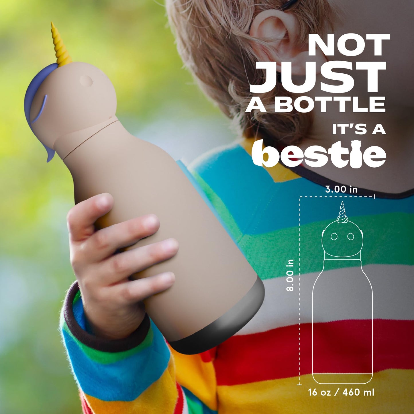 asobu Bestie Bottle Insulated Stainless Steel Water Bottle with Detachable Soft Animal Head Fun Drinking For Kids and Teens with Flexible Reusable Straw 16 Ounce (Unicorn)