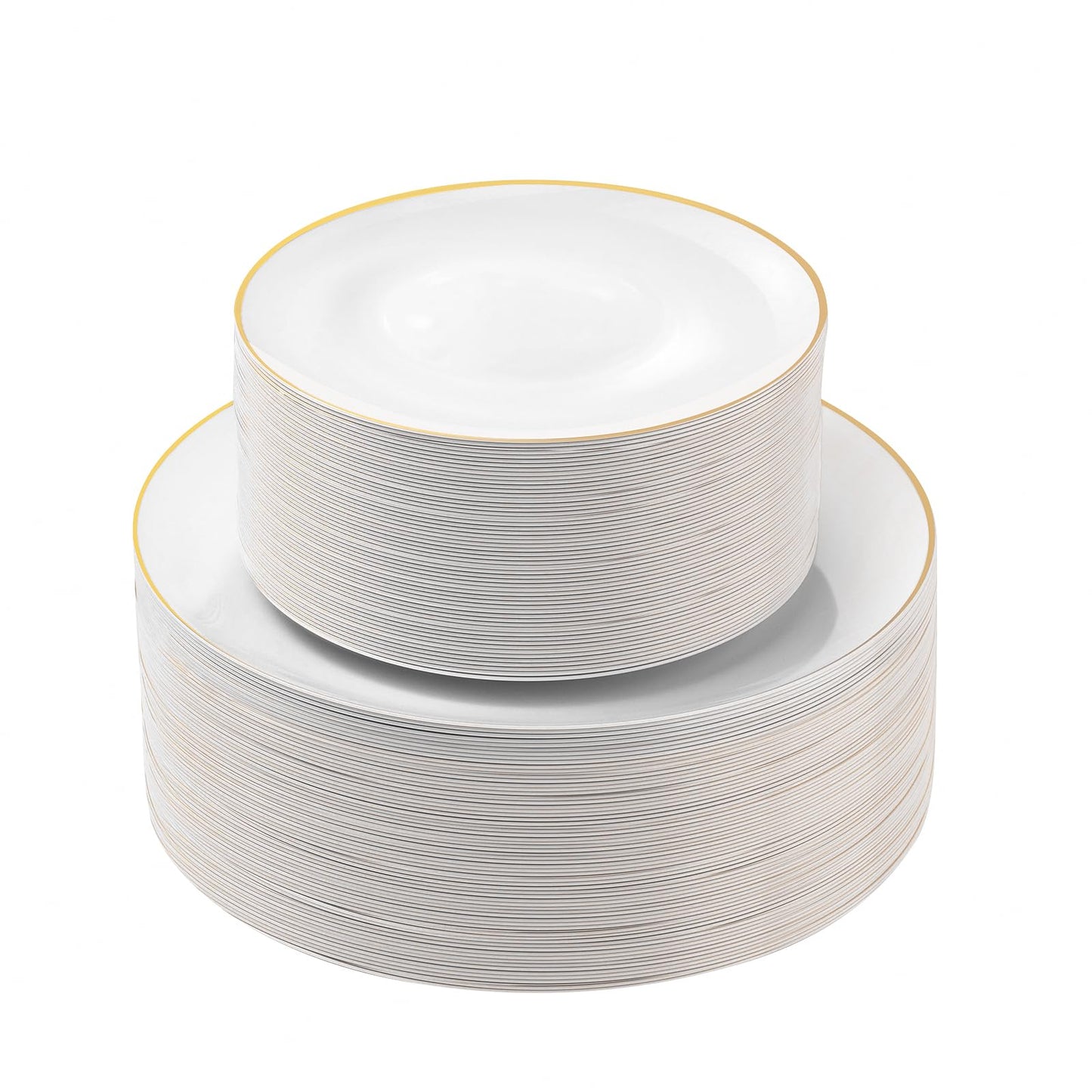 Goodluck 100PCS White Plastic Plates with Gold Rim, White Gold Disposable Plates for Party, Wedding, Include 50 Dinner Plates, 50 Dessert Plates for 50 Guests