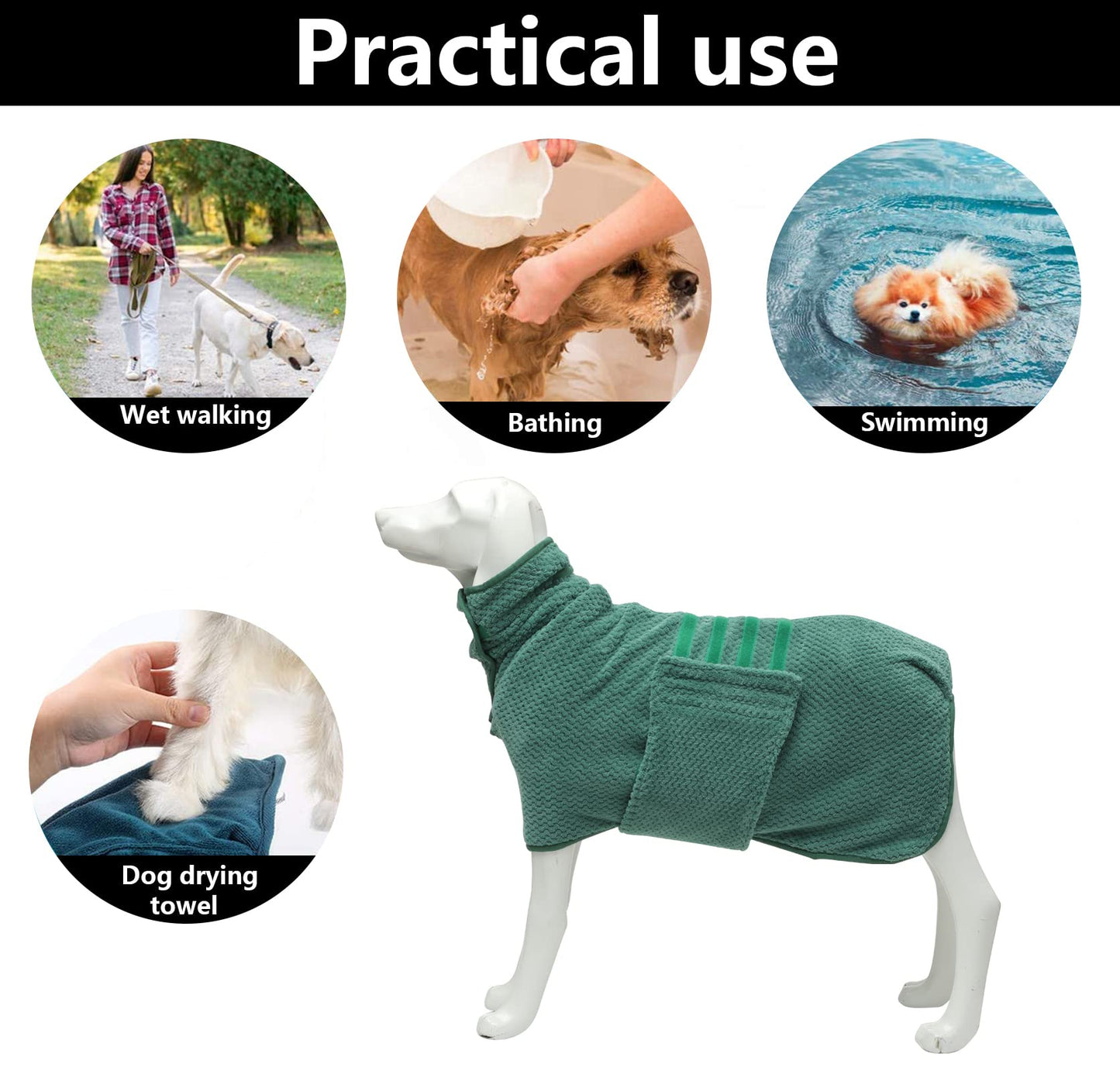 Geyecete Dog Bathrobe Towel - Fast Drying Coat, Super Absorbent Pet Bath Robe - Pineapple Grid Design for Dogs and Cats - Green, 3XL
