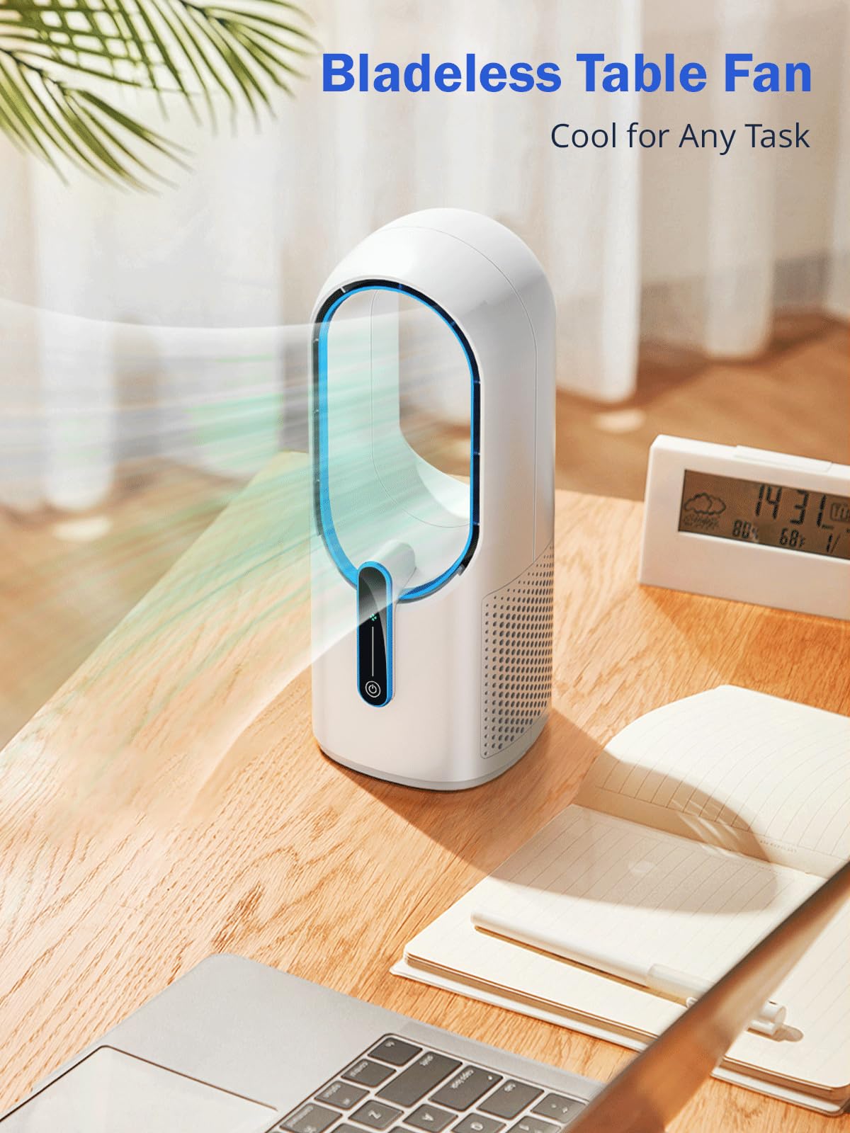 Misby Desk Fan, 11.8 Inch Portable Bladeless Fan, Small Quiet Rechargeable Fan with Battery, 3 Speeds, Touch Control, Easy to Clean, Personal Table Fan for Bedroom,Home,Office (White)