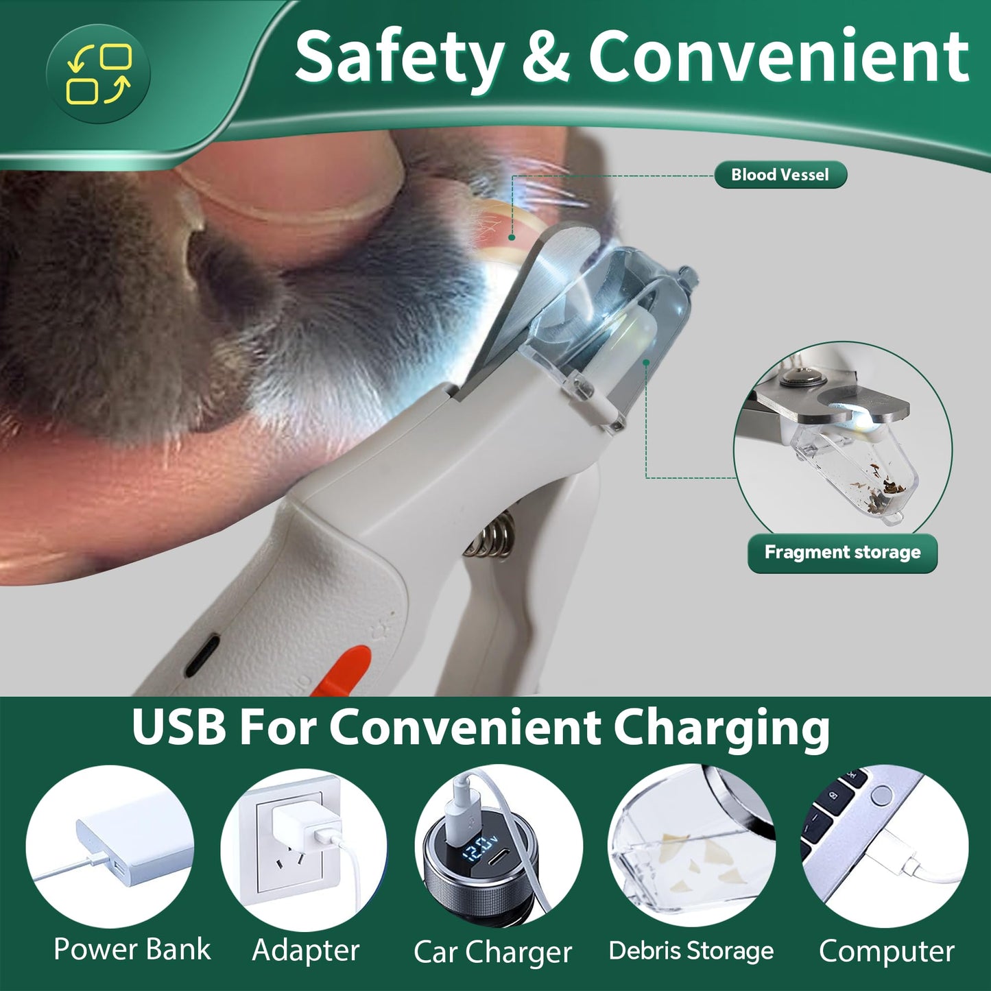 CATPICK 2-in-1 Cat Nail Clippers & Dog Nail Clippers Trimmers for Large Medium Small Dogs Cats Claw Trimmer Quick Sensor and Safety Guard USB Rechargeable with 2 LED Lights Dogs Nail Trimmer