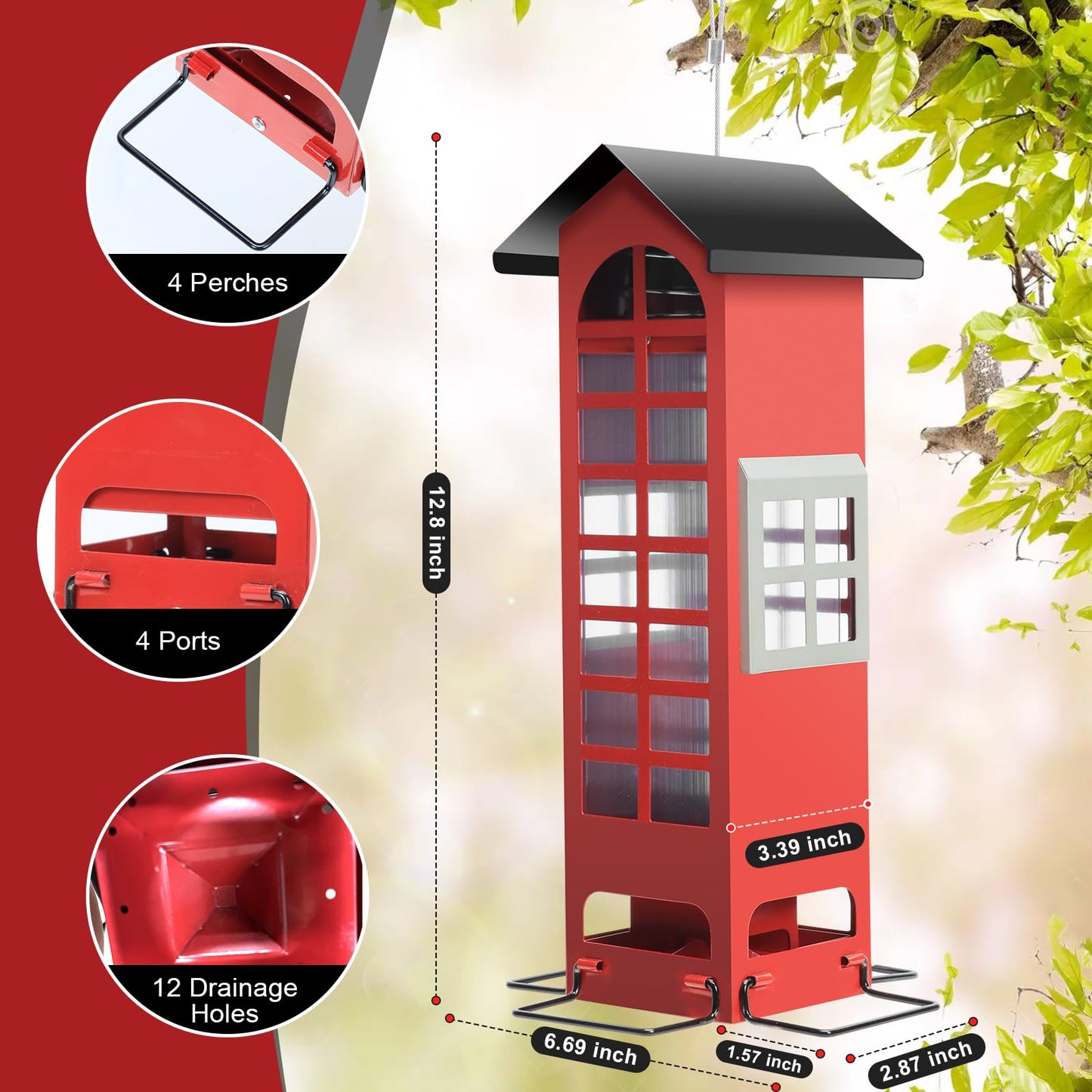 Bird Feeders Squirrel Proof for Outdoors Hanging - Weight Activated Metal Wild Bird Feeders Tube Birdhouse Seed Feeder with 4 Feeding Ports,2.5LB Capacity for Cardinal,Sparrow,Finch,Chickadee