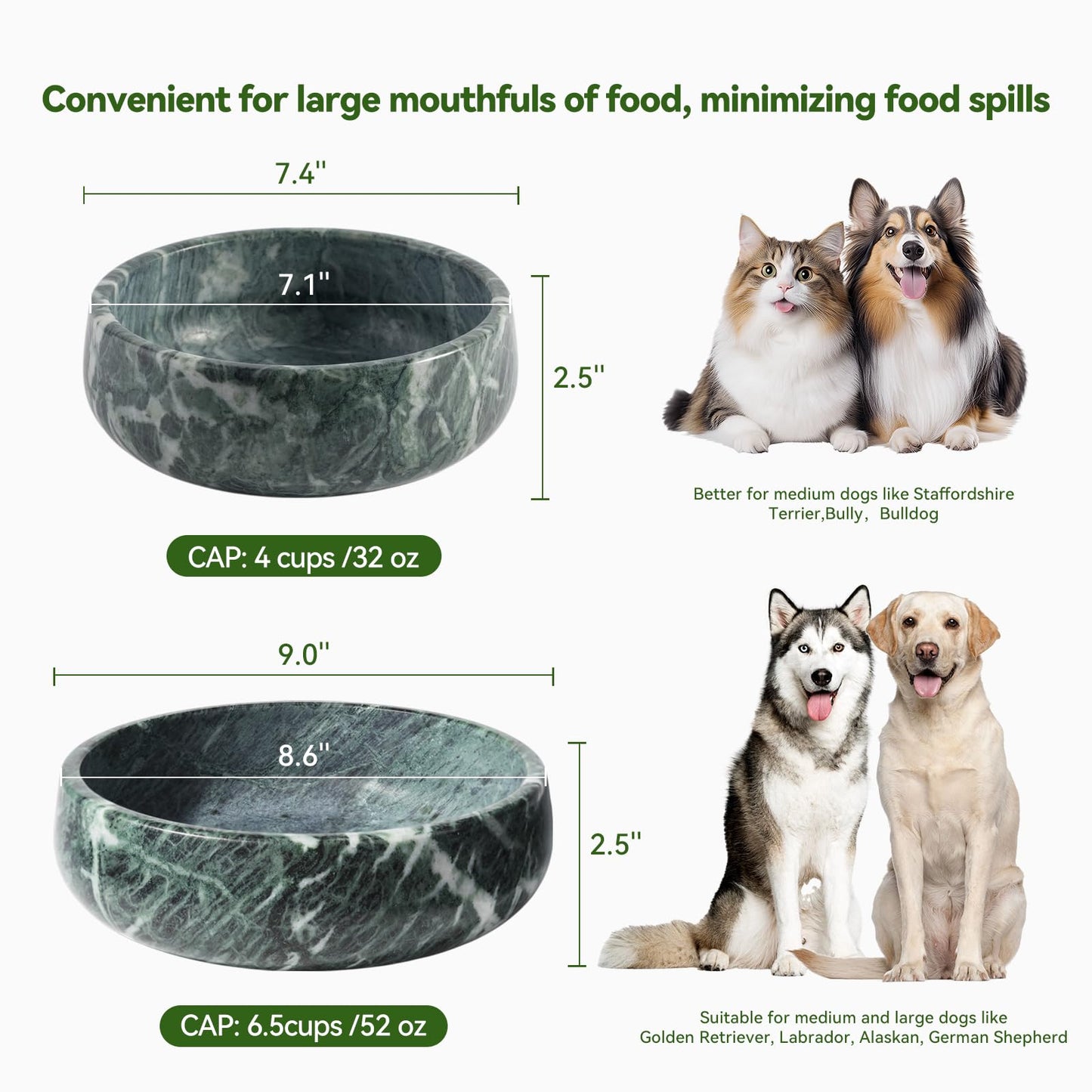 Natural Marble Dog Bowls, 5lbs Non-Slip Cat and Dog Food Bowl, No-Tip Weighted Dog Dish, Durable Food and Water Bowl, Easy to Clean, Holds 4 Cups(Indian Green)