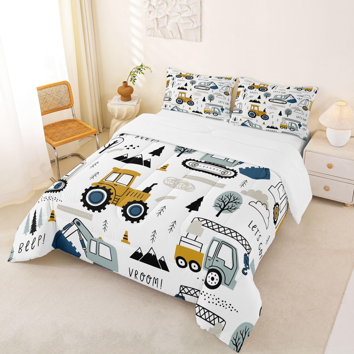 Cartoon Car Kids Comforter Set Construction Bedding Set Decor Equipment Trucks Comforter Cartoon Car Excavator Tractor White Yellow Duvet Set Bedroom Quilt Set 3Pcs Full