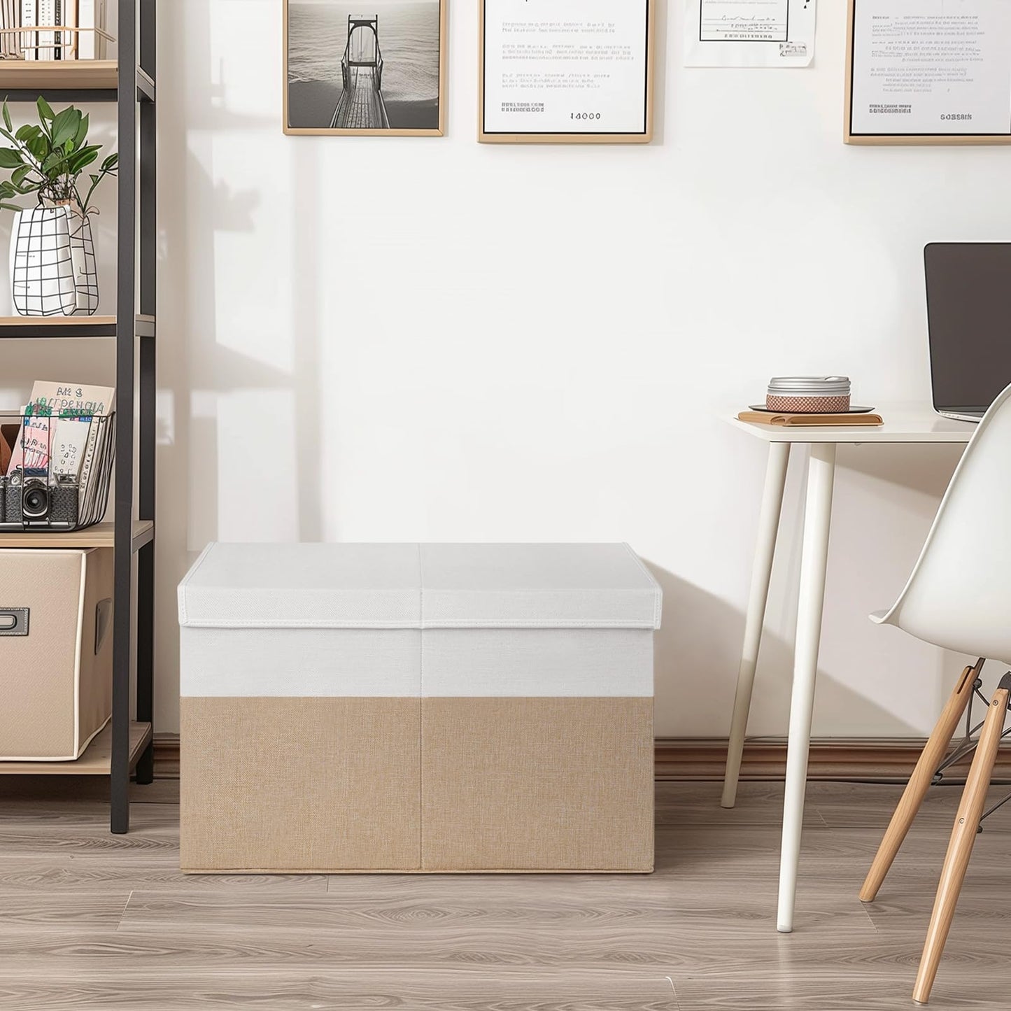 INDRESSME 25"x13"x16" Large Storage Box, Collapsible Bins with Lids, Chest for Living Room, Storage Baskets for Blankets, Books, Clothes (Beige & White)
