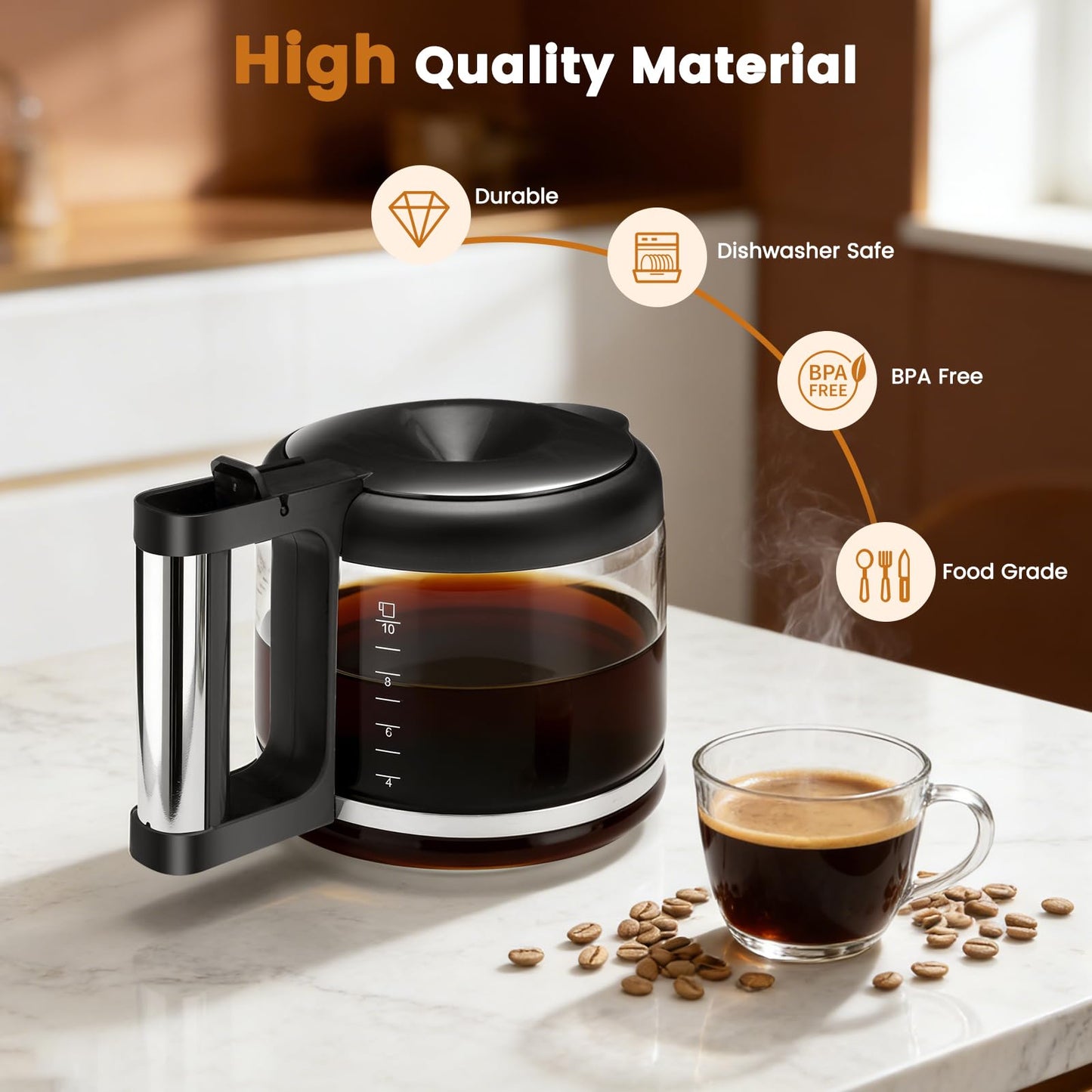 10-Cup Glass Carafe Replacement for De'Longhi Coffee Makers COM532M 3066 3067 3093 3094 3111 3112 KF140 KF863 & BCO Series, De'Longhi Coffee Pot Replacement with Sturdy Handle